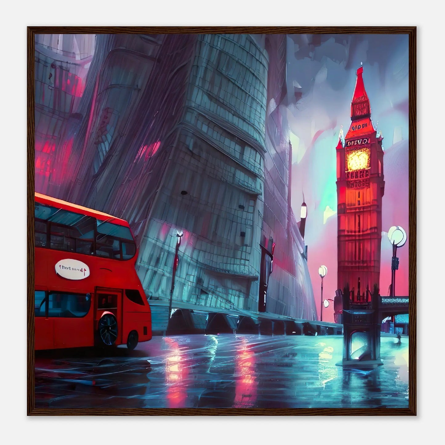 Gerahmtes Premium-Poster - Abstrakte Stadt - Digitaler Stil, KI-Kunst, Stadtlandschaften, 70x70-cm-28x28-Dunkles-Holz - RolConArt