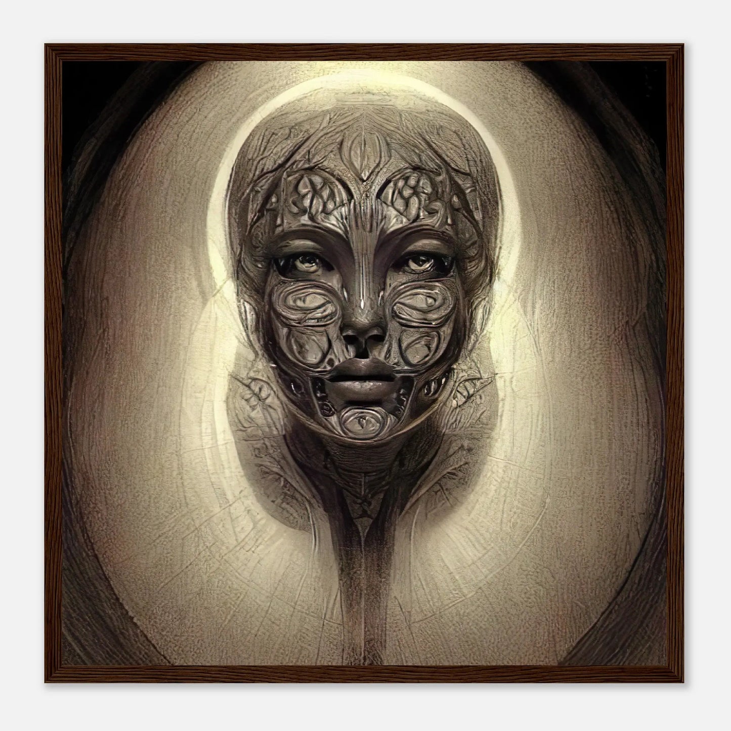 Gerahmtes Premium-Poster - Abstraktes Porträt - Digitaler Stil, KI-Kunst, Digitalkunst - Porträts, 50x50-cm-20x20-Dunkles-Holz - RolConArt