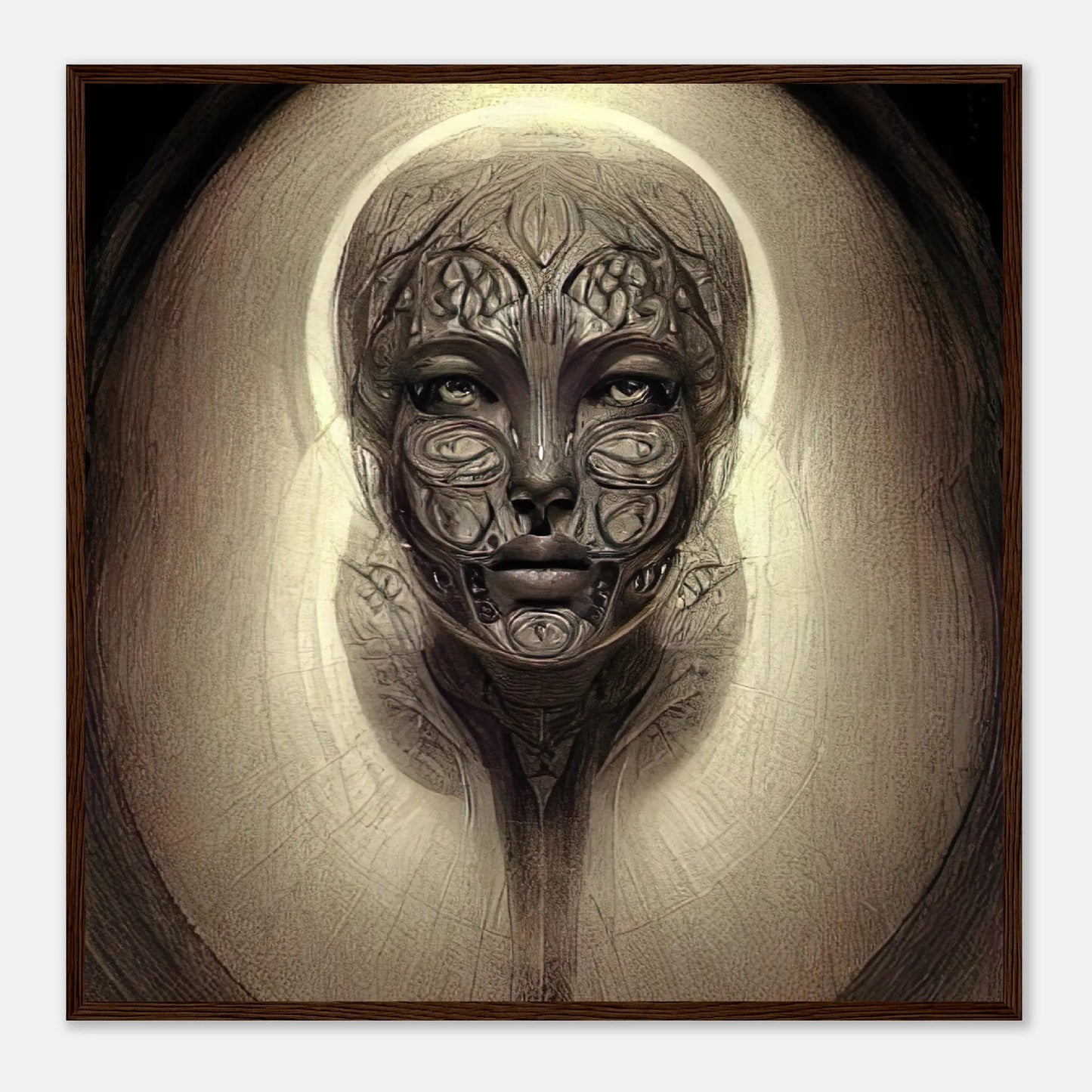 Gerahmtes Premium-Poster - Abstraktes Porträt - Digitaler Stil, KI-Kunst, Digitalkunst - Porträts, 70x70-cm-28x28-Dunkles-Holz - RolConArt