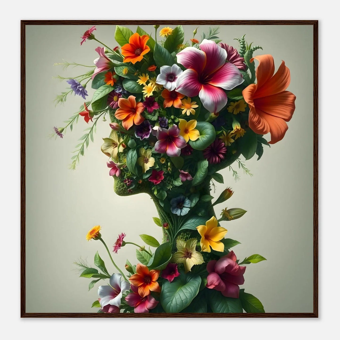 Gerahmtes Premium-Poster - Flora Persona - Digitaler Stil, KI-Kunst, Kreative Vielfalt, 70x70-cm-28x28-Rahmen-aus-dunklem-Holz - RolConArt