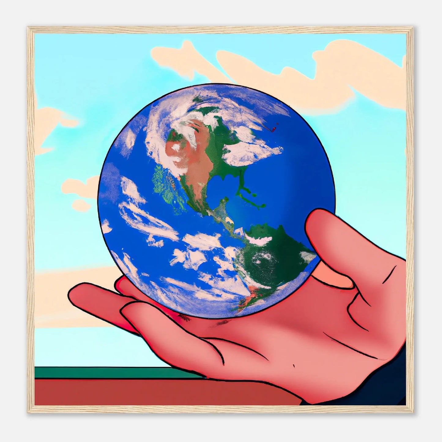 Gerahmtes Premium-Poster - Planet in der Hand - Anime Stil, KI-Kunst, Anime, 70x70-cm-28x28-Holz - RolConArt