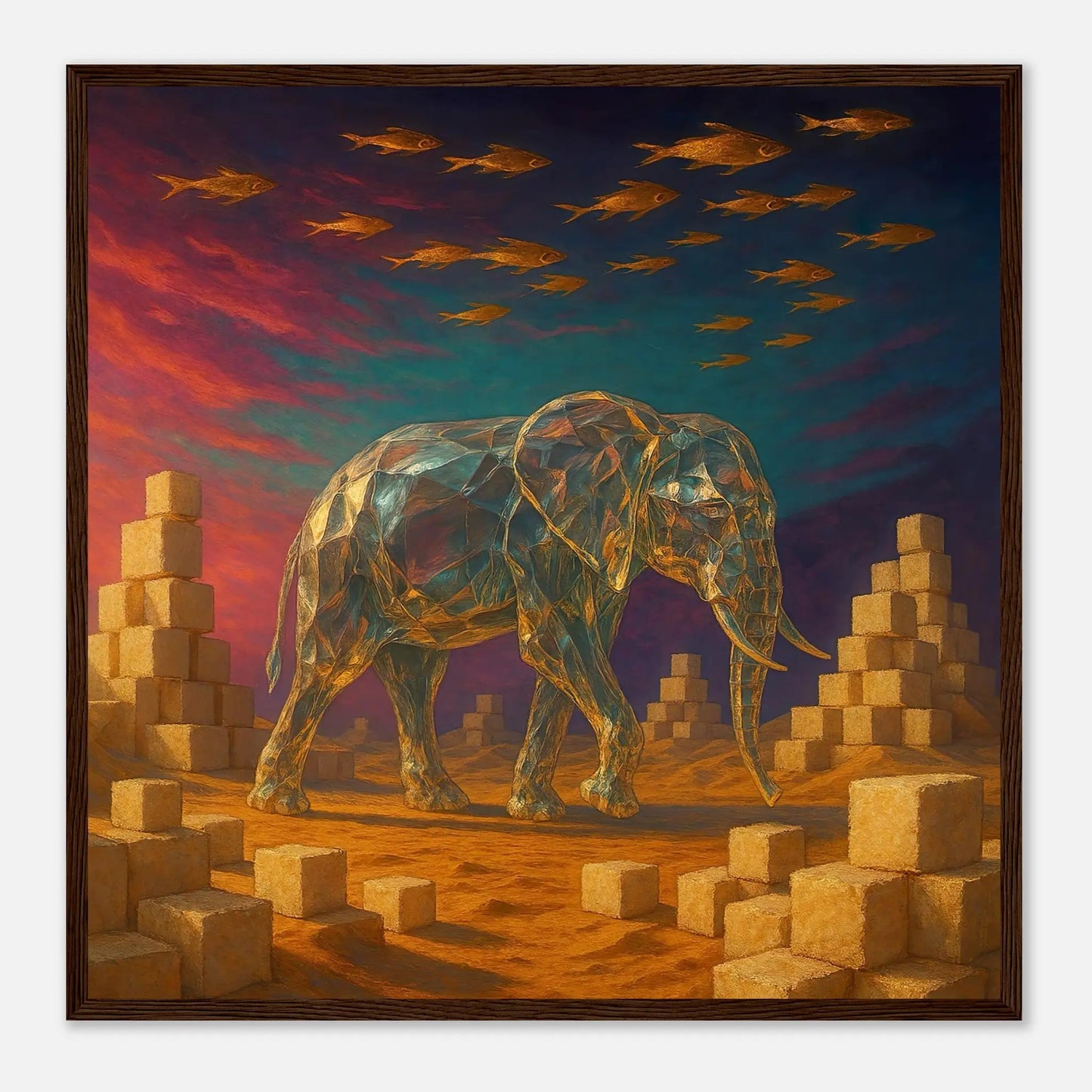 Gerahmtes Premium-Poster - Surreale Stille - Abstrakter Stil, KI-Kunst, Tiere - Kreative Vielfalt, 50x50-cm-20x20-Dunkler-Holzrahmen - RolConArt