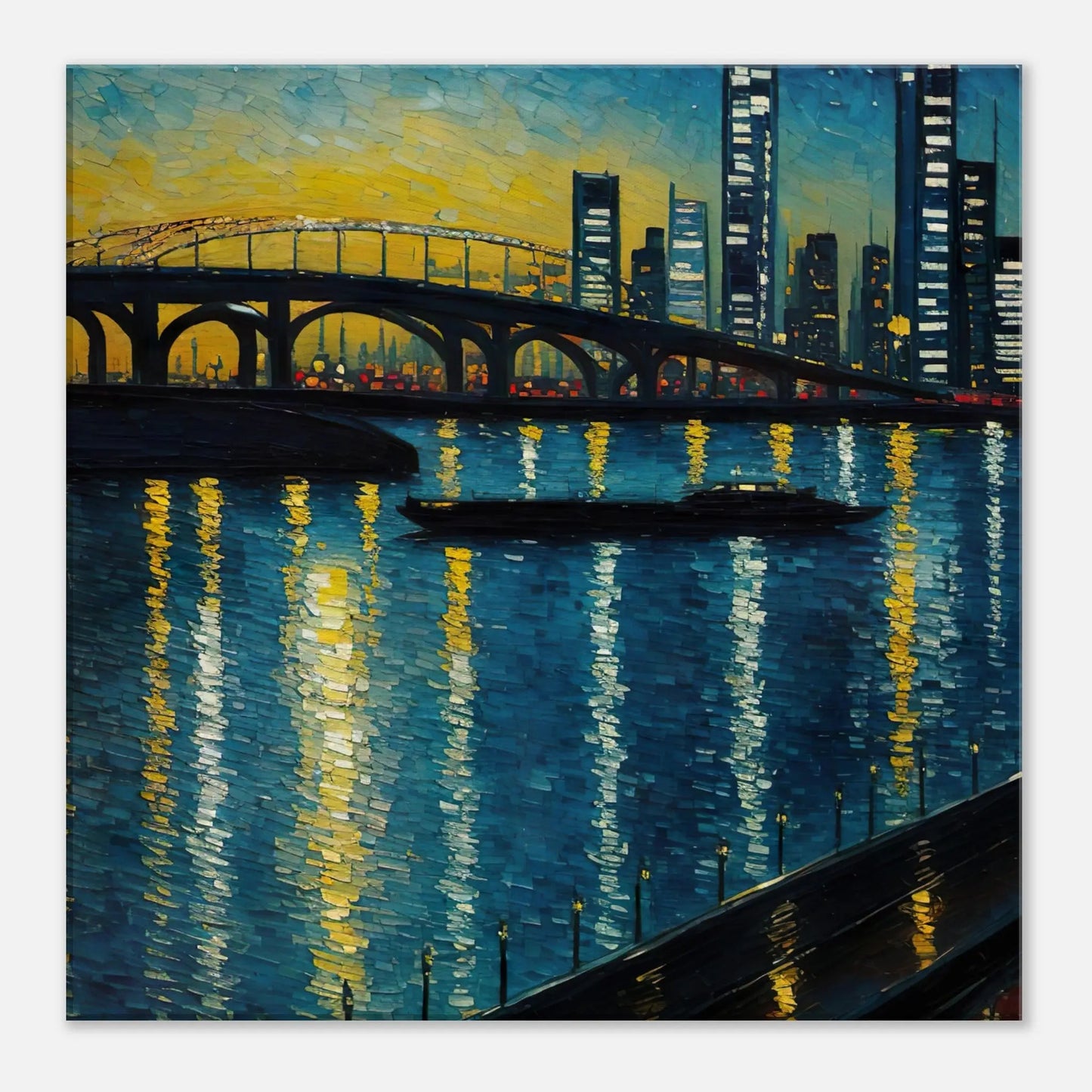 Leinwandbild - Abendliche Stadtansicht - Malerischer Stil, KI-Kunst, Stadtlandschaften, 50x50-cm-20x20 - RolConArt