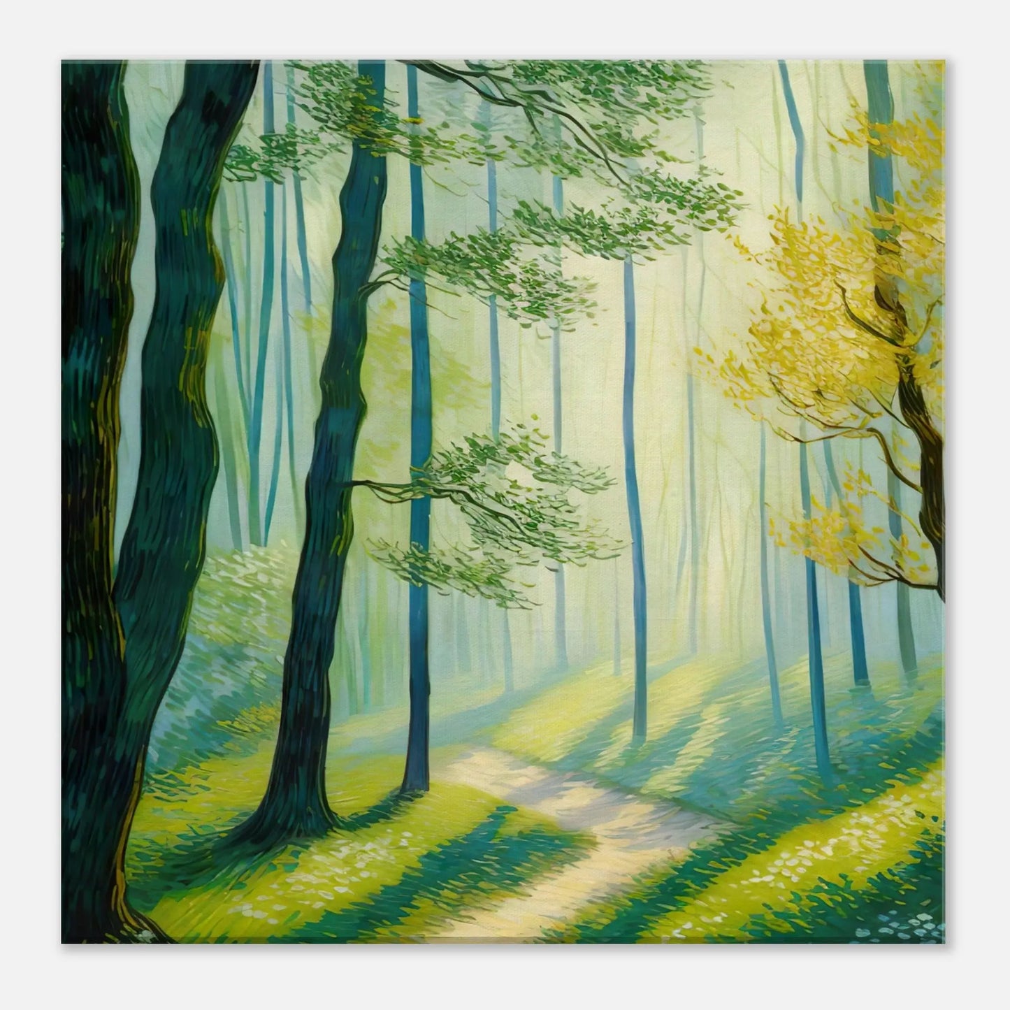 Leinwandbild - Waldweg im Licht - Malerischer Stil, KI-Kunst, Landschaften, 40x40-cm-16x16 - RolConArt