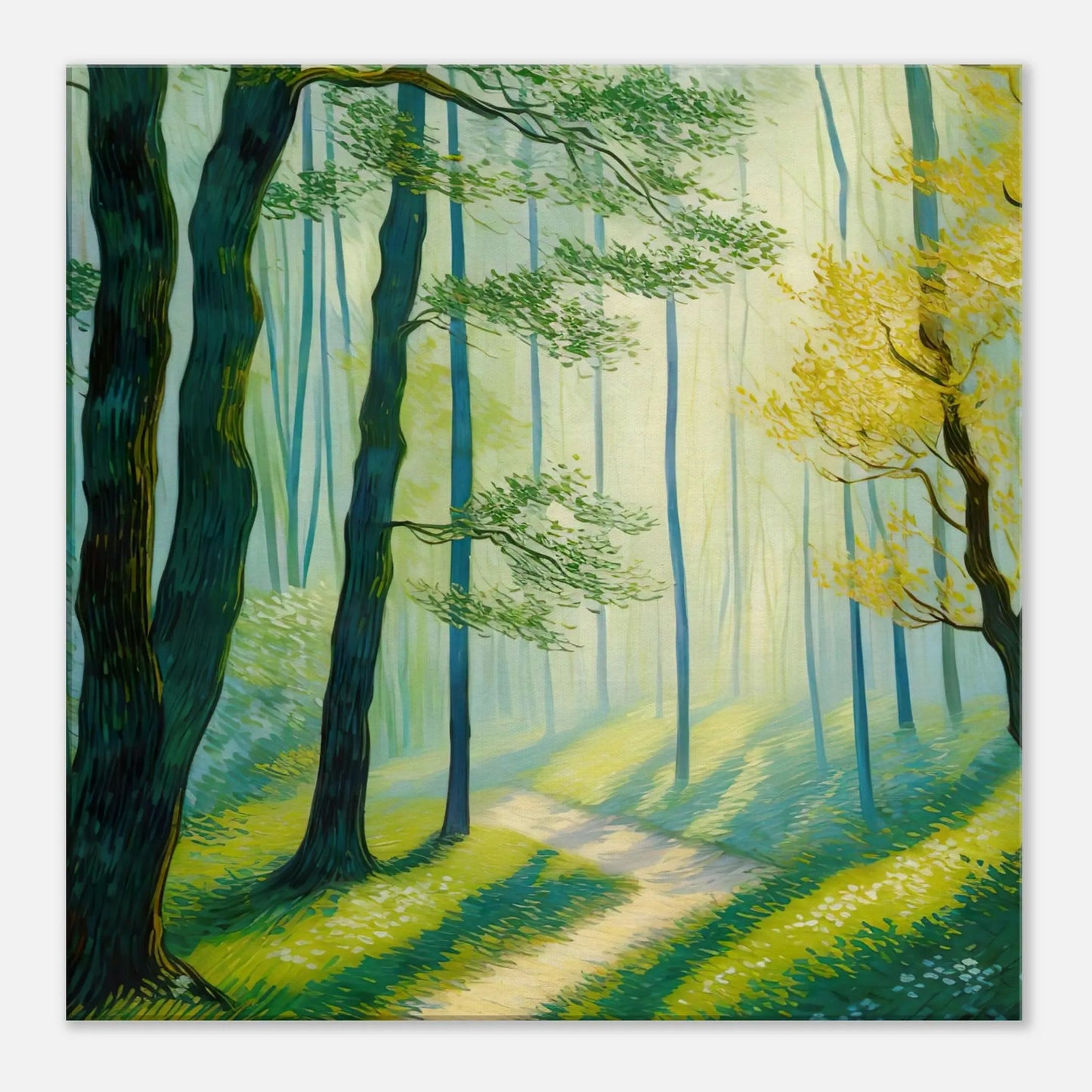 Leinwandbild - Waldweg im Licht - Malerischer Stil, KI-Kunst, Landschaften, 60x60-cm-24x24 - RolConArt