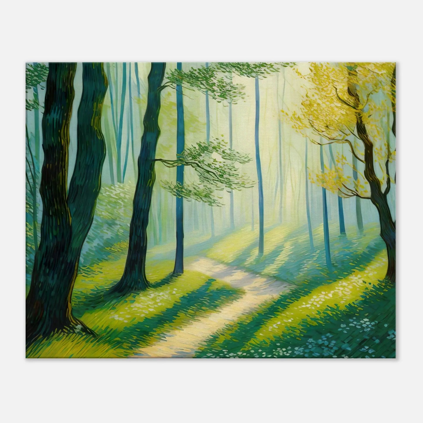 Leinwandbild - Waldweg im Licht - Malerischer Stil, KI-Kunst, Landschaften, 60x75-cm-24x30 - RolConArt