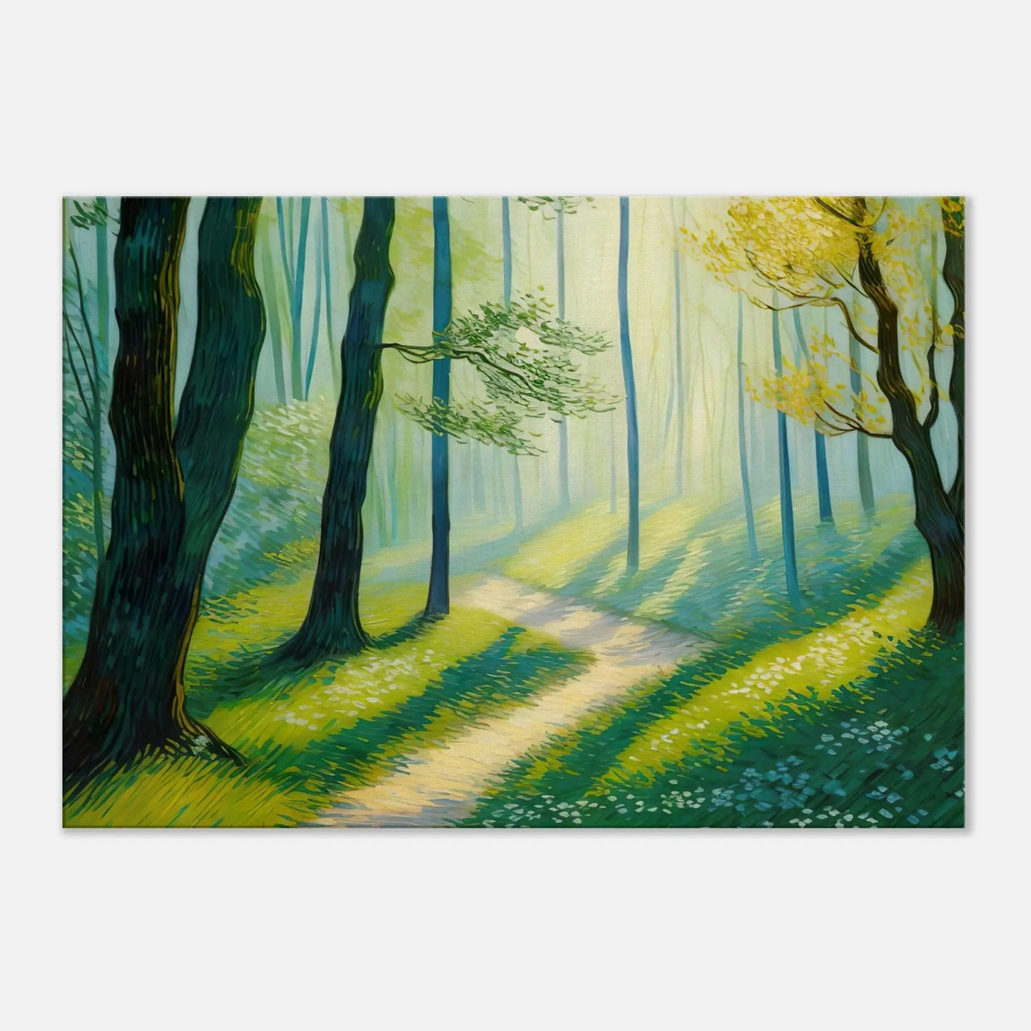Leinwandbild - Waldweg im Licht - Malerischer Stil, KI-Kunst, Landschaften, 70x100-cm-28x40 - RolConArt