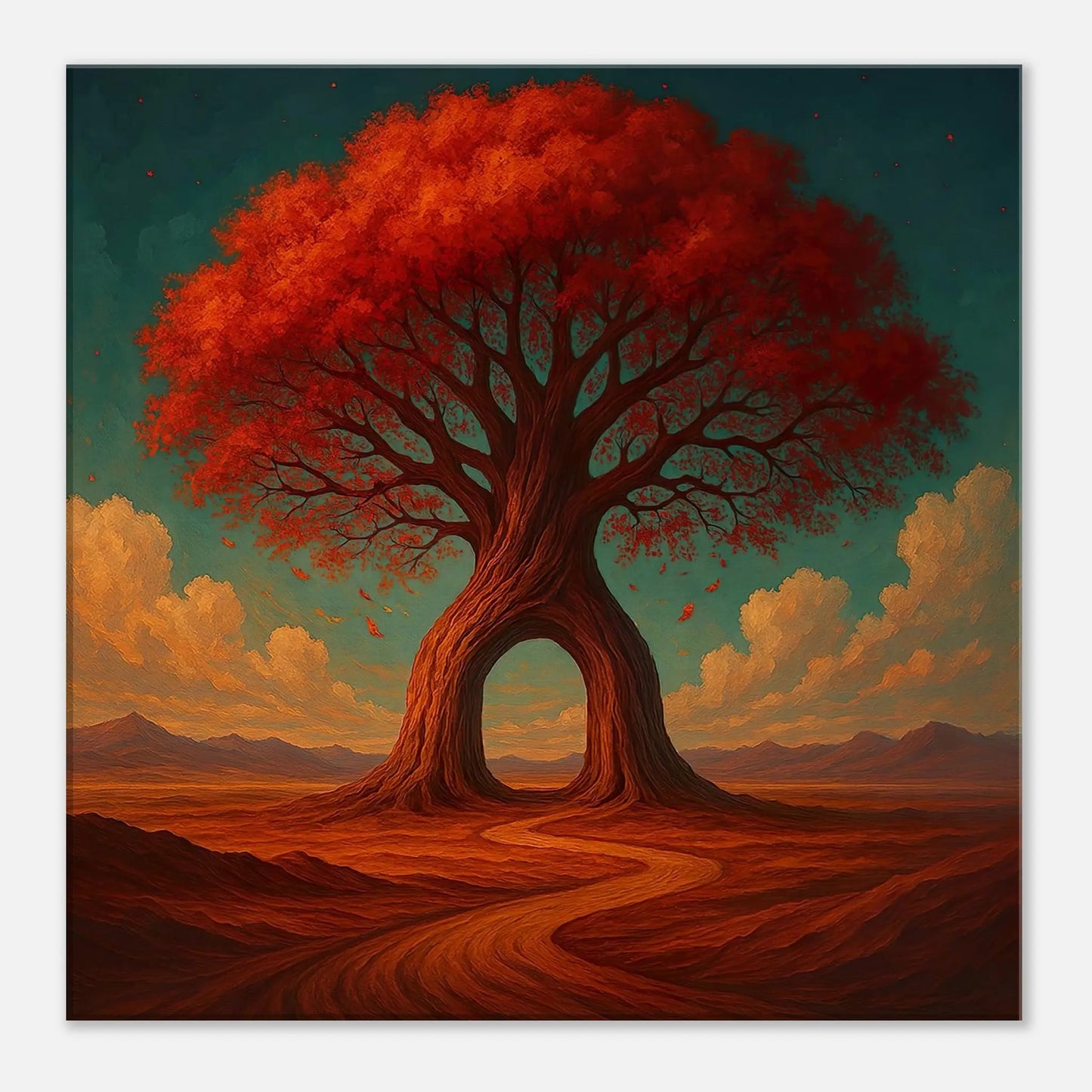 Leinwandbild - Wo Wege durch Bäume führen - Malerischer Stil, KI-Kunst, Surreale Landschaften, 50x50-cm-20x20 - RolConArt