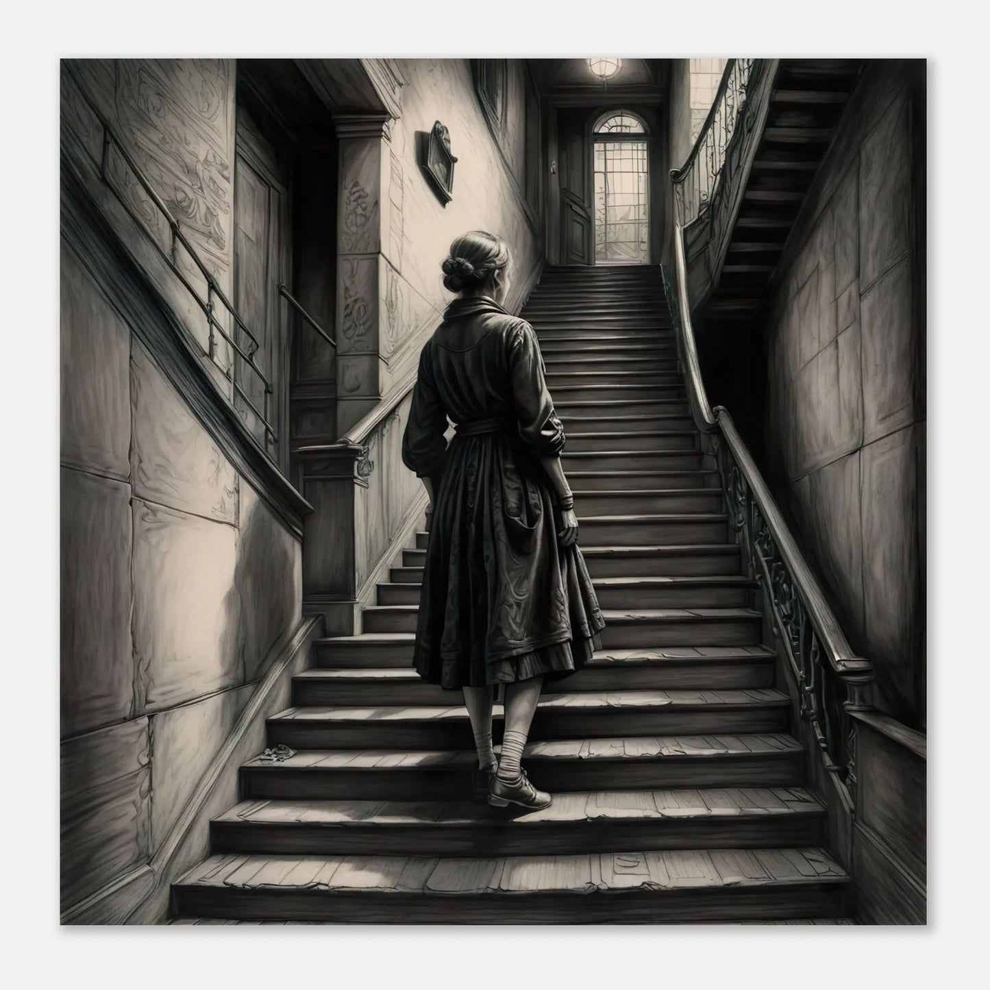 Moderner Forex-Druck - Aufstieg ins Ungewisse - Vintage Stil, KI-Kunst, Schwarz-Weiß, 40x40-cm-16x16-Schwarz - RolConArt