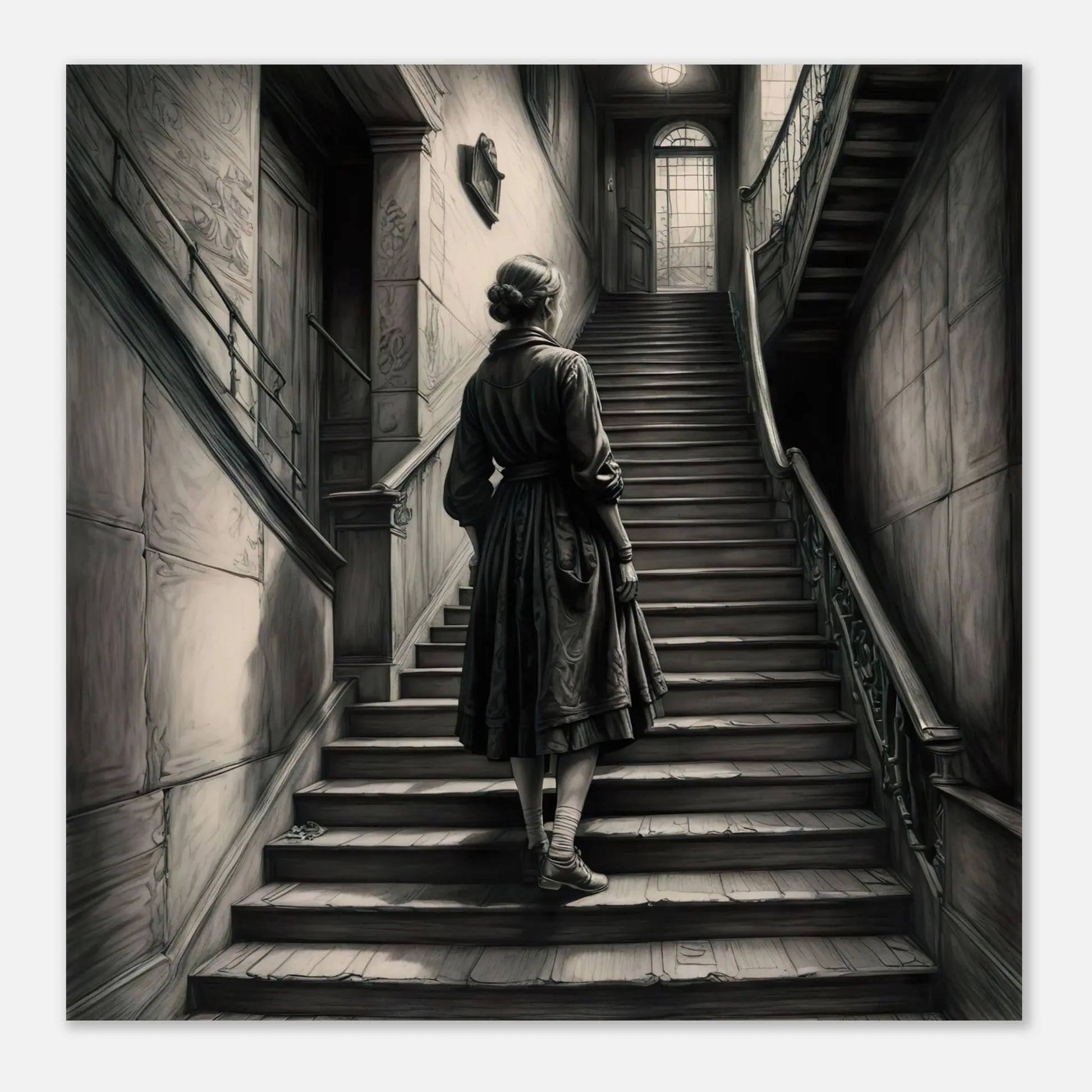 Moderner Forex-Druck - Aufstieg ins Ungewisse - Vintage Stil, KI-Kunst, Schwarz-Weiß, 40x40-cm-16x16-Schwarz - RolConArt