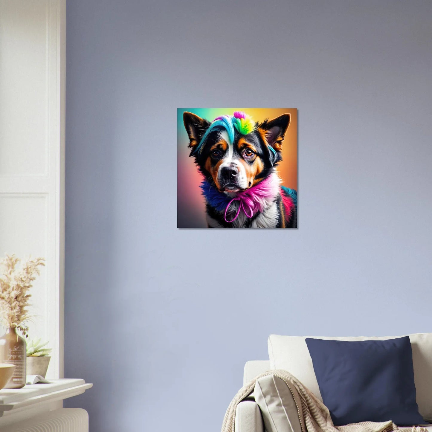 Moderner Forex-Druck - Der Hund, der Farben liebt - 3D-Stil, KI-Kunst, Tiere - Kreative Vielfalt, 40x40-cm-16x16-Weiß - RolConArt