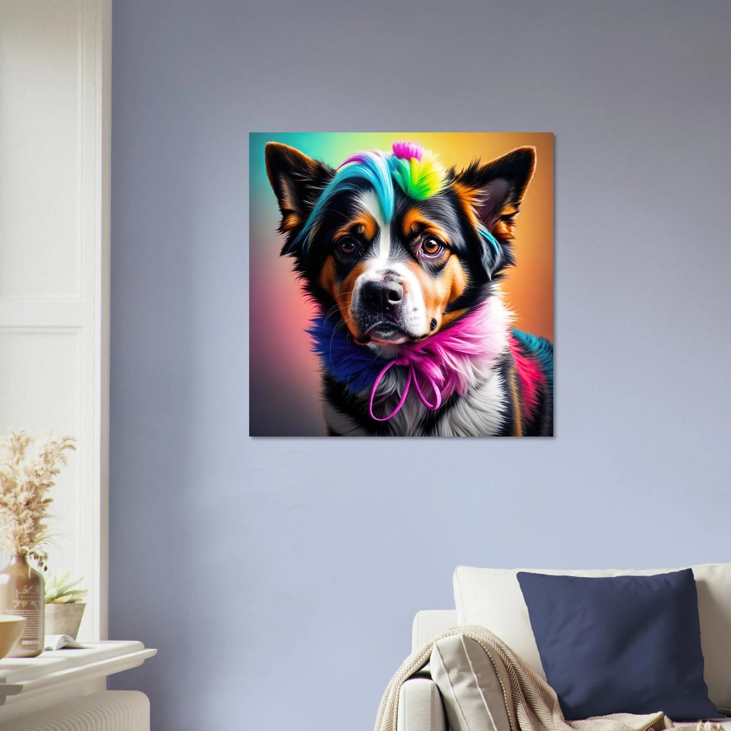 Moderner Forex-Druck - Der Hund, der Farben liebt - 3D-Stil, KI-Kunst, Tiere - Kreative Vielfalt, 60x60-cm-24x24-Schwarz - RolConArt