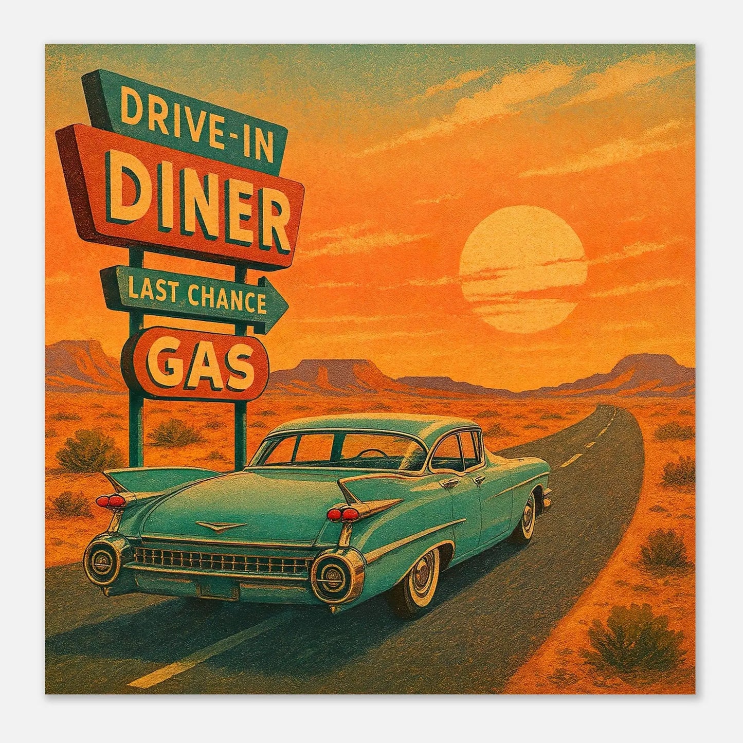 Moderner Forex-Druck - Roadtrip - Vintage Stil, KI-Kunst, Landschaften,  - RolConArt