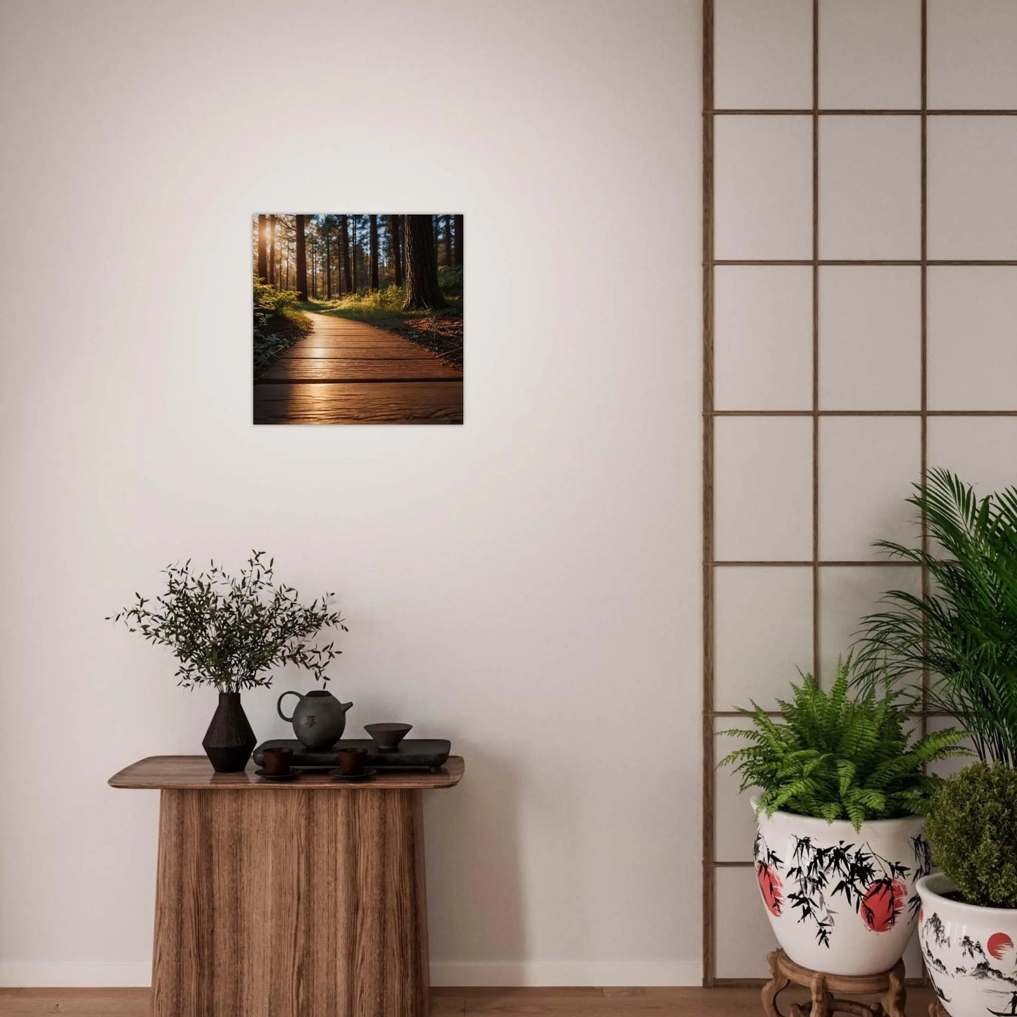 Moderner Forex-Druck - Holzweg im Wald - Foto Stil, KI-Kunst - RolConArt, Landschaften,
