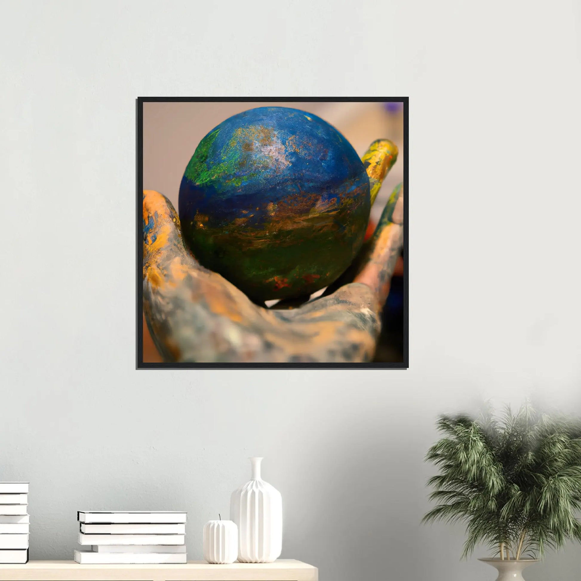 Gerahmtes Premium-Poster - Planet in der Hand - Foto Stil, KI-Kunst - RolConArt, Fotokunst - Kreative Vielfalt,