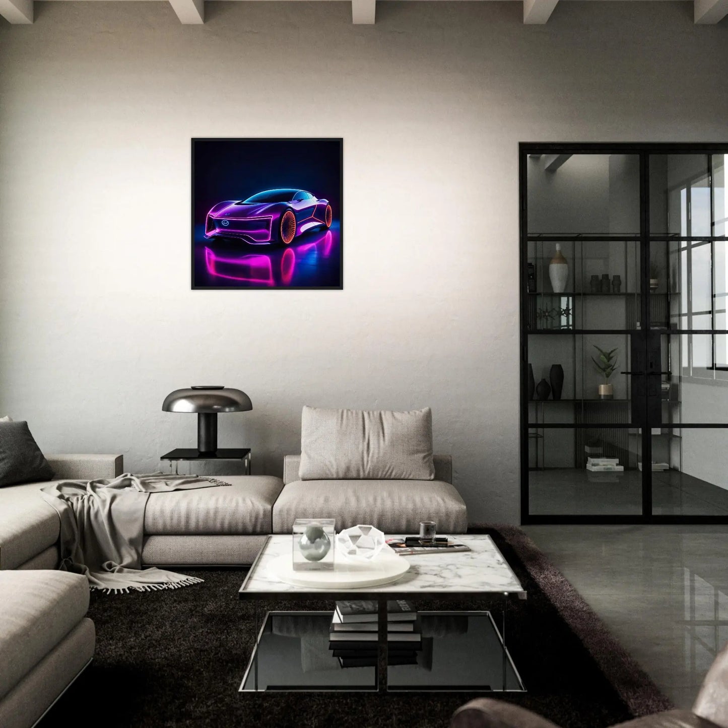 Gerahmtes Premium-Poster -Futuristisches Fahrzeug- Neon Stil, KI-Kunst - RolConArt, Neon,