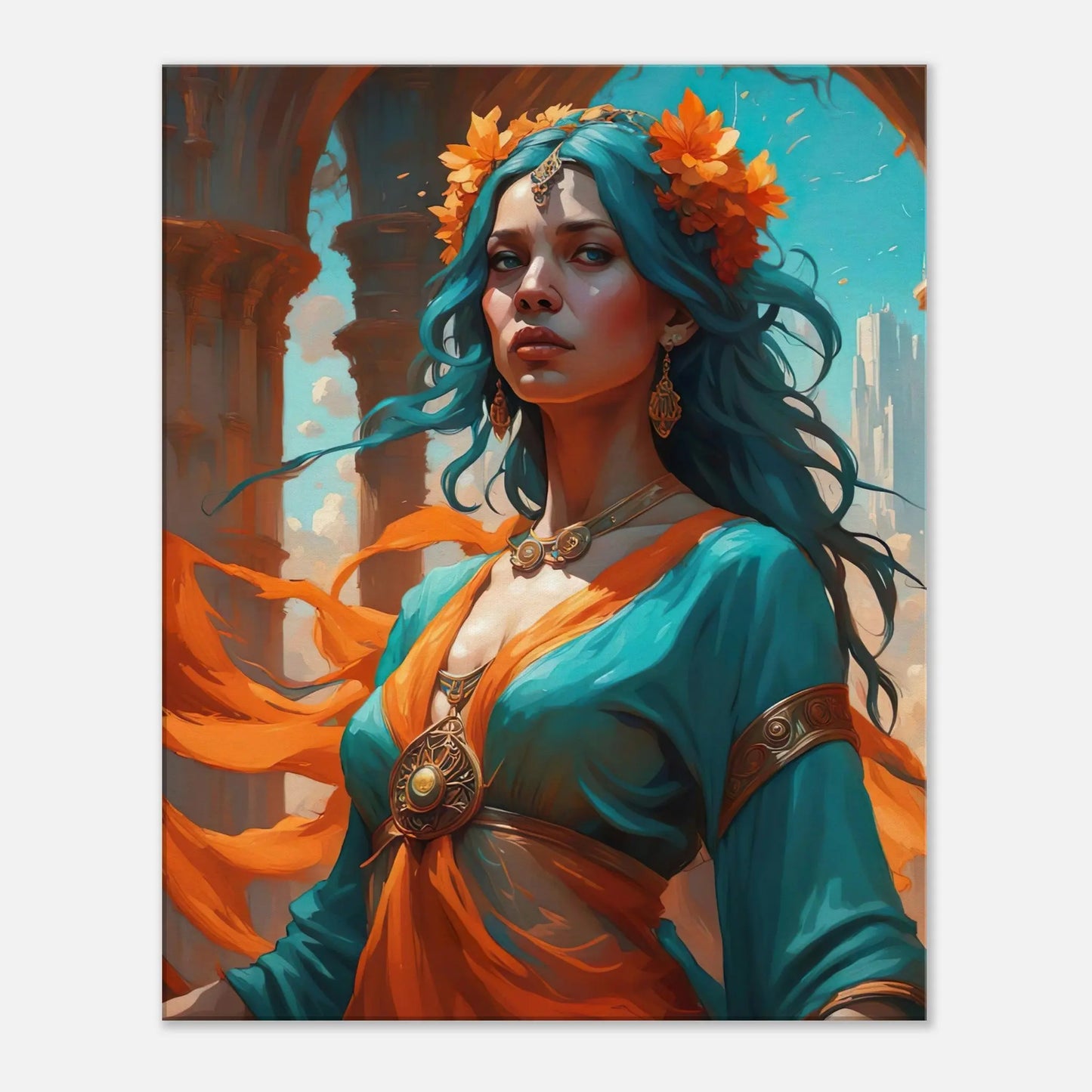 Leinwandbild - Frau in Magischer Umgebung - Malerischer Stil, KI-Kunst - RolConArt, Malerischer Stil - Porträts, 60x75-cm-24x30