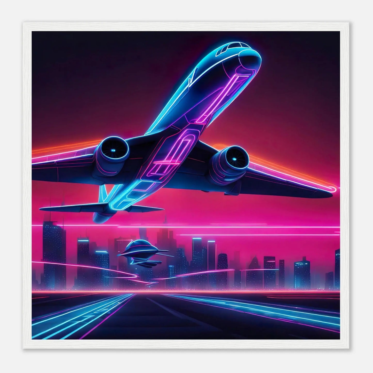 Gerahmtes Premium-Poster -Futuristisches Flugzeug- Neon Stil, KI-Kunst - RolConArt, Neon, 50x50-cm-20x20-Weißer-Rahmen