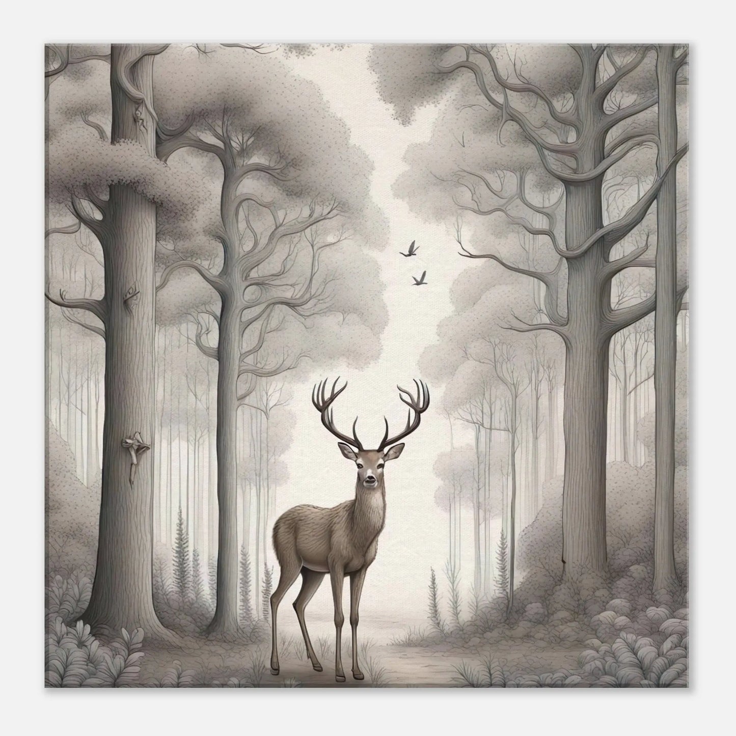 Leinwandbild - Hirsch im Wald - Schwarz-Weiß, Bleistift Stil, KI-Kunst - RolConArt, Schwarz-Weiß, 50x50-cm-20x20