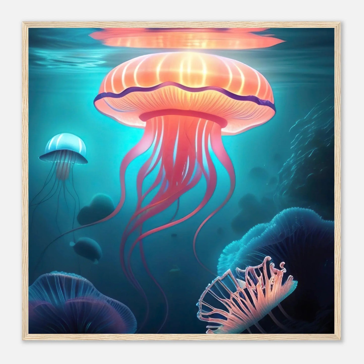 Gerahmtes Premium-Poster - Quallen - Digitaler Stil, KI-Kunst - RolConArt, Unterwasserlandschaften, 70x70-cm-28x28-Holzrahmen