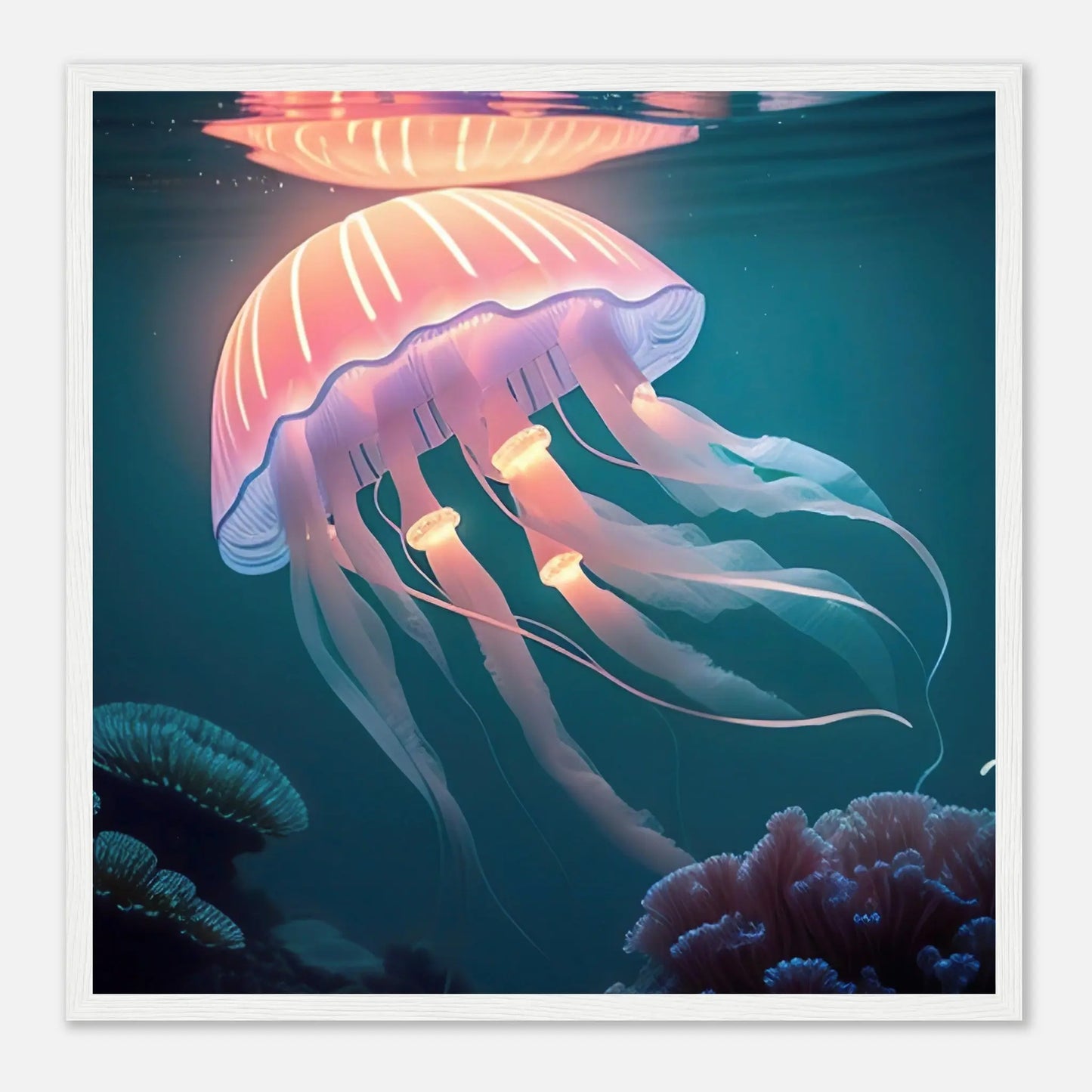 Gerahmtes Premium-Poster - Qualle - Digitaler Stil, KI-Kunst - RolConArt, Unterwasserlandschaften, 50x50-cm-20x20-Weißer-Rahmen
