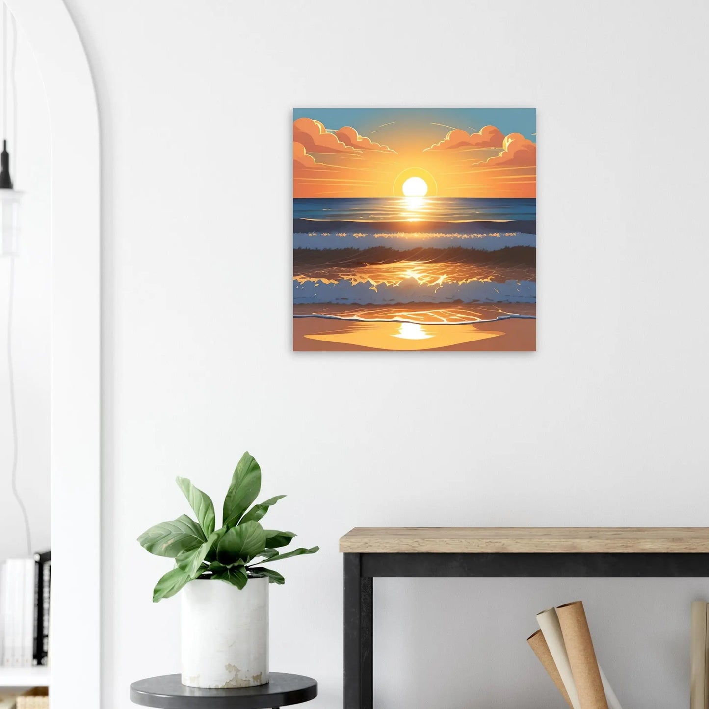 Moderner Forex-Druck - Abendsonne am Meer - Digitaler Stil, KI-Kunst - RolConArt, Landschaften, 60x60-cm-24x24-Schwarz