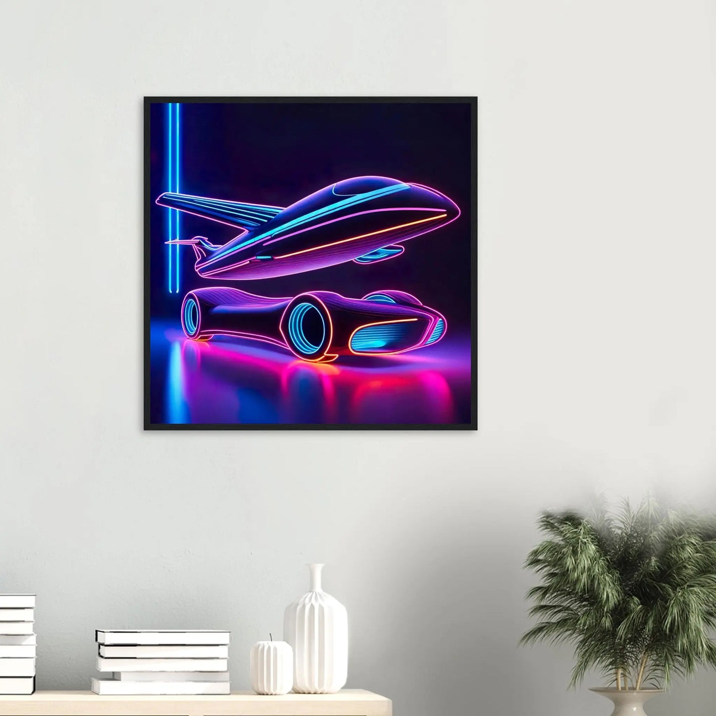Gerahmtes Premium-Poster -Futuristisches Fahrzeug- Neon Stil, KI-Kunst - RolConArt, Neon,