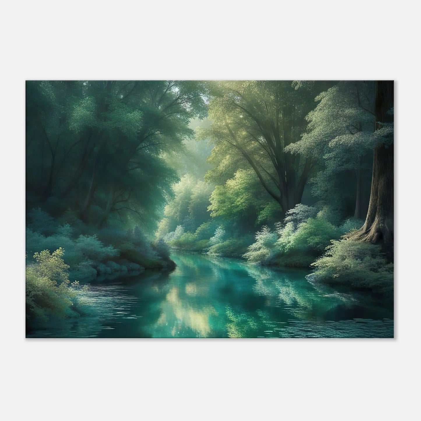 Leinwandbild - Waldlandschaft mit Fluss - Digitaler Stil, KI-Kunst - RolConArt, Landschaften, 70x100-cm-28x40