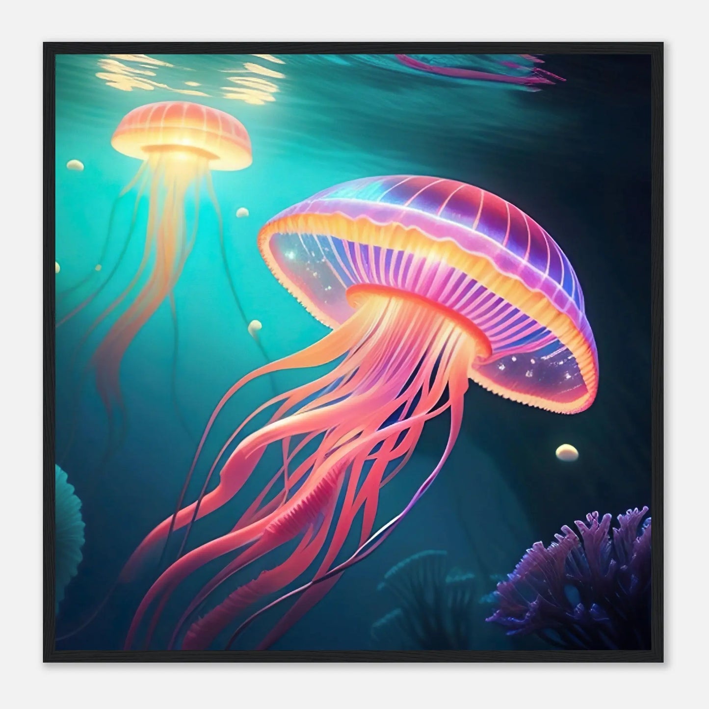 Gerahmtes Premium-Poster - Quallen - Digitaler Stil, KI-Kunst - RolConArt, Unterwasserlandschaften, 70x70-cm-28x28-Schwarzer-Rahmen