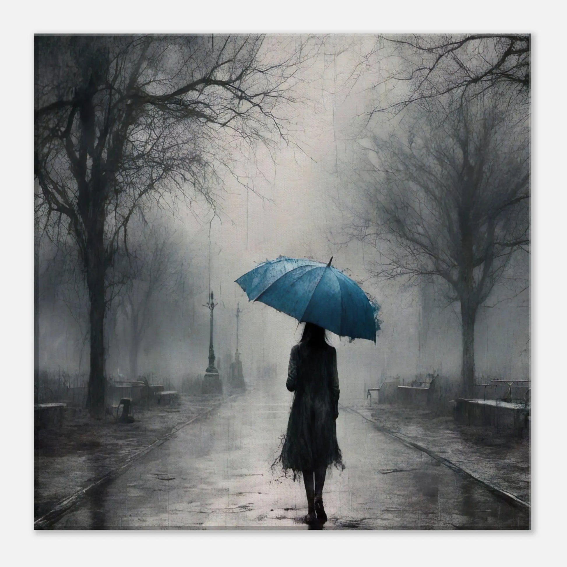 Leinwandbild -Frau mit einem blauen Regenschirm- Schwarz-Weiß, KI-Kunst - RolConArt, Schwarz-Weiß mit Akzentfarben, 40x40-cm-16x16