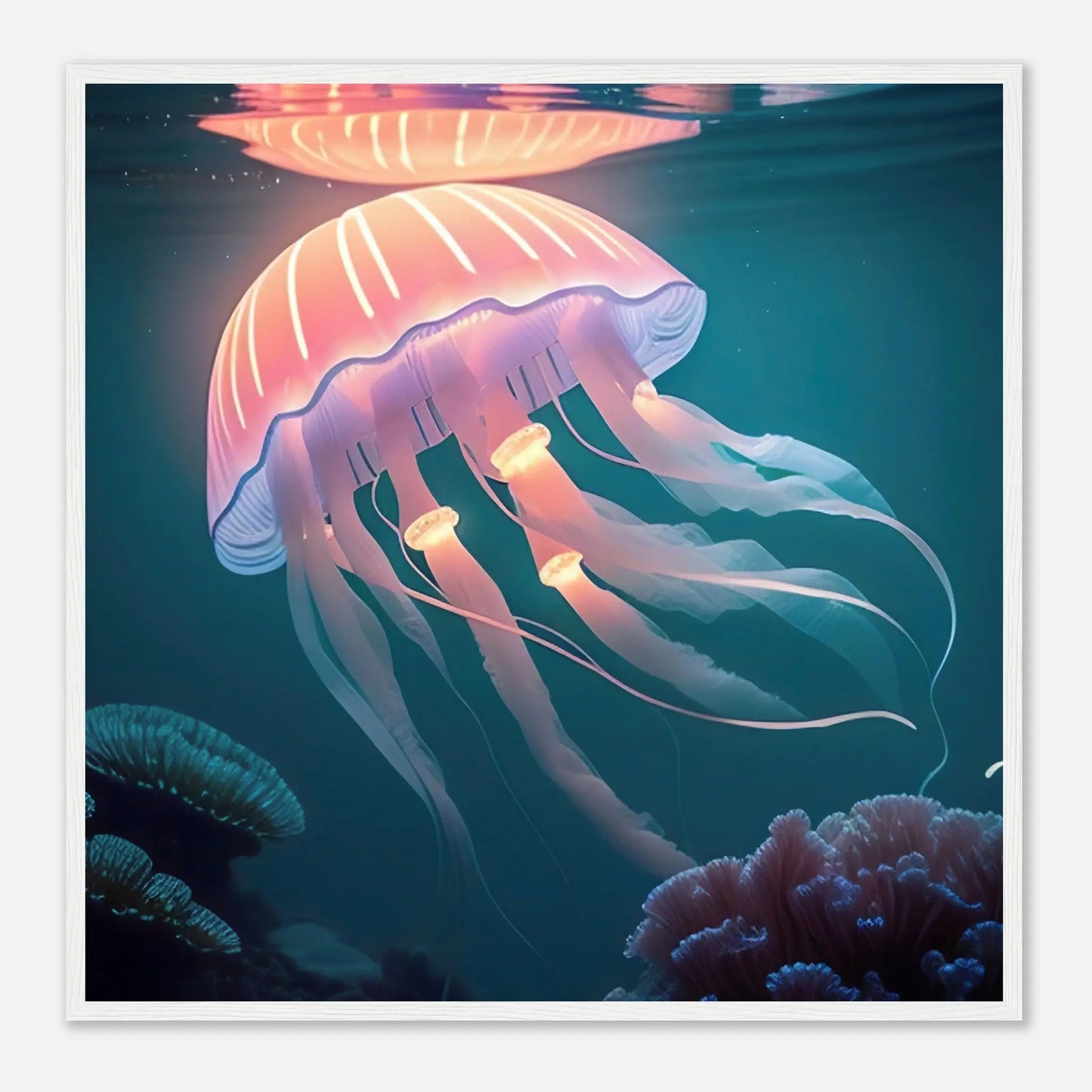 Gerahmtes Premium-Poster - Qualle - Digitaler Stil, KI-Kunst - RolConArt, Unterwasserlandschaften, 70x70-cm-28x28-Weißer-Rahmen