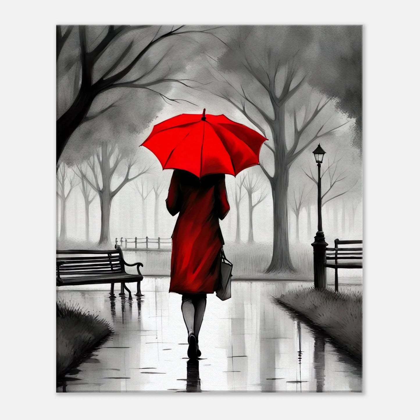 Leinwandbild - Frau mit rotem Regenschirm  - Schwarz-Weiß, KI-Kunst - RolConArt, Schwarz-Weiß mit Akzentfarben, 50x60-cm-20x24