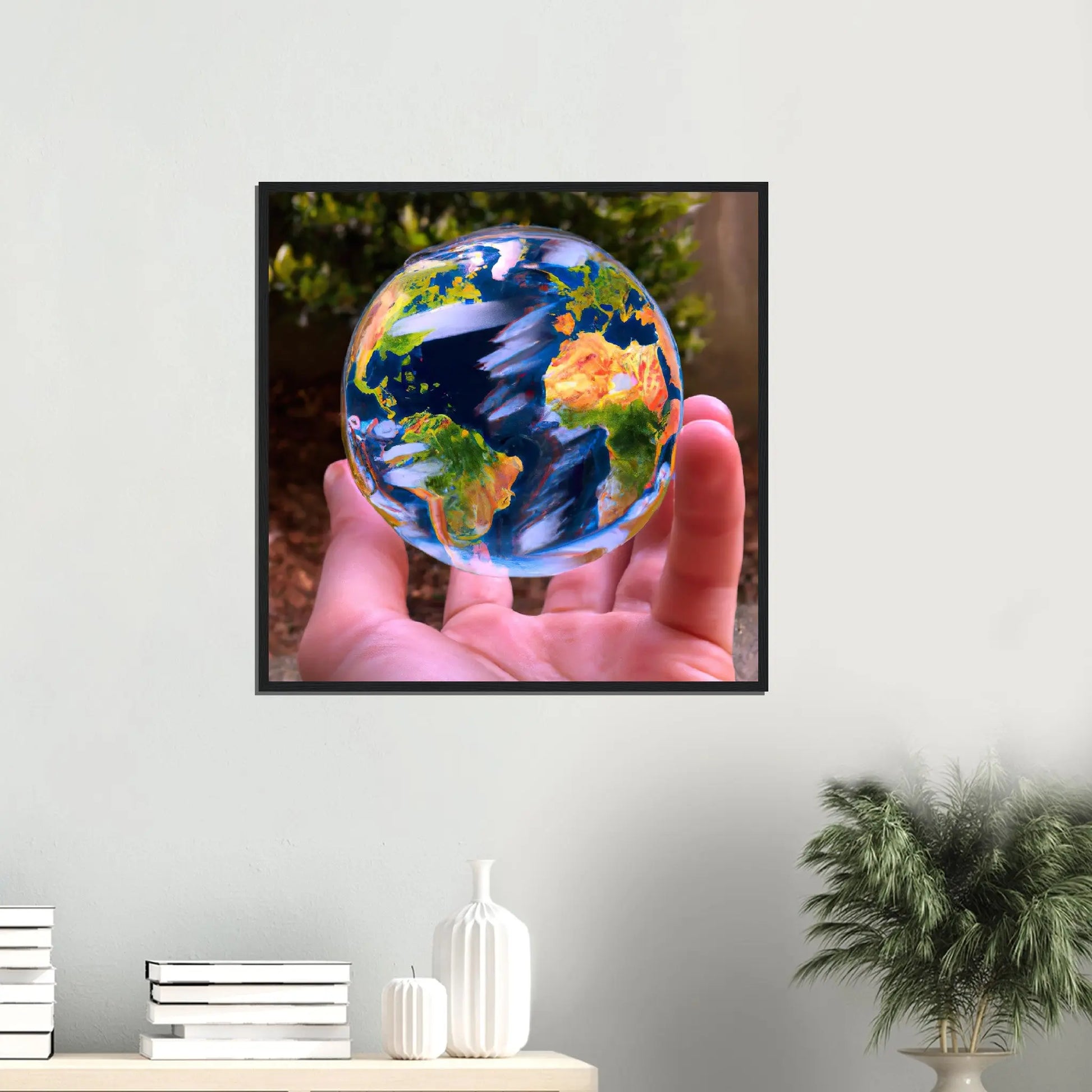 Gerahmtes Premium-Poster - Planet in der Hand - Foto Stil, KI-Kunst - RolConArt, Fotokunst - Kreative Vielfalt,