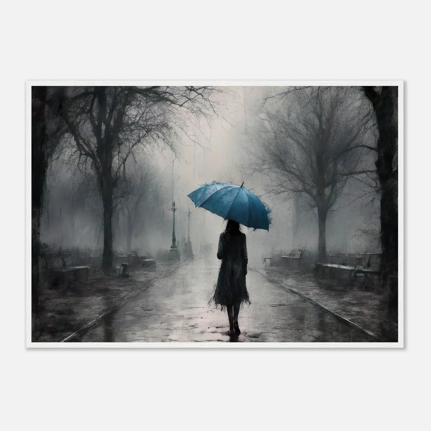 Gerahmtes Premium-Poster - Frau im Park - Schwarz-Weiß, KI-Kunst - RolConArt, Schwarz-Weiß mit Akzentfarben, 70x100-cm-28x40-Weißer-Rahmen