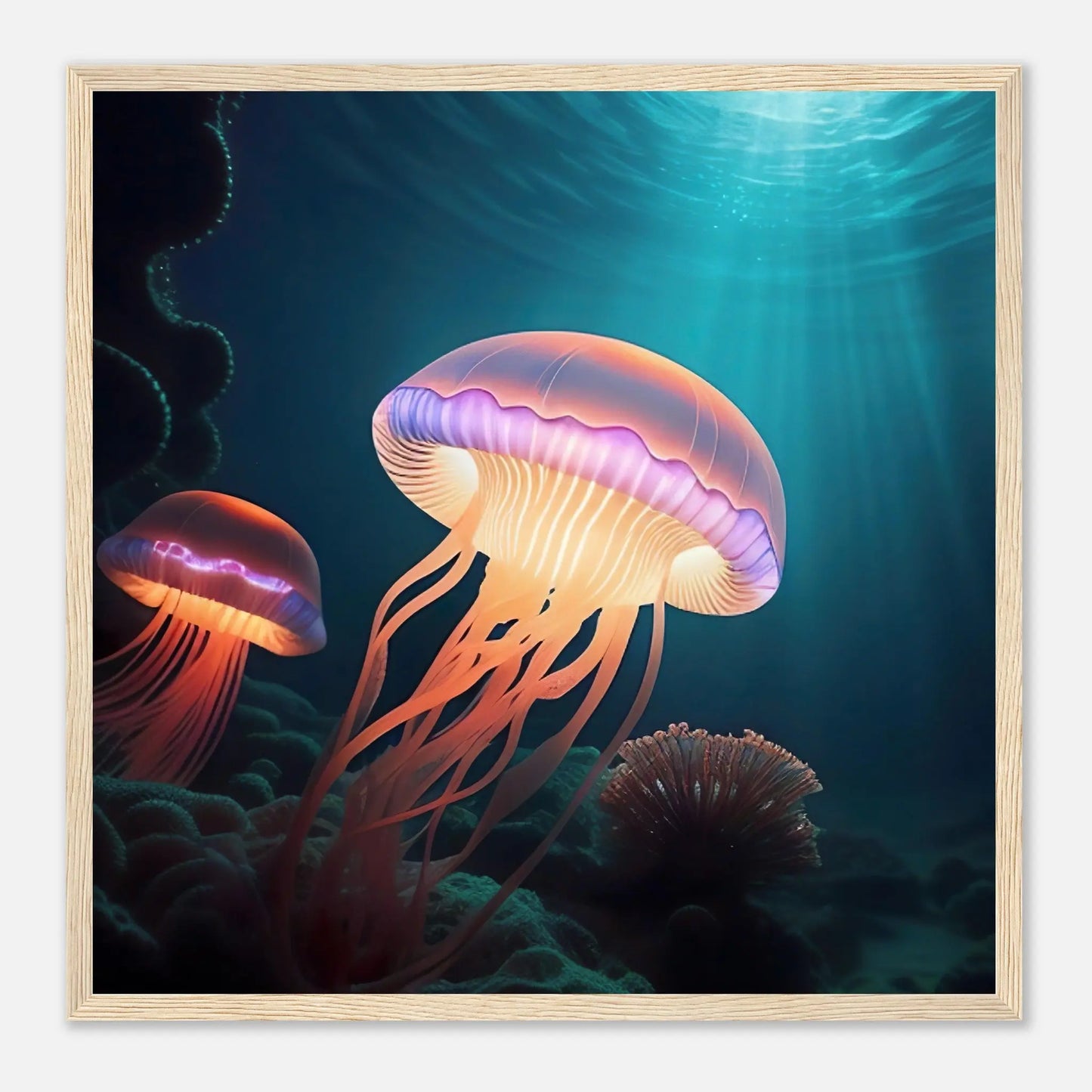 Gerahmtes Premium-Poster - Quallen - Digitaler Stil, KI-Kunst - RolConArt, Unterwasserlandschaften, 50x50-cm-20x20-Holzrahmen