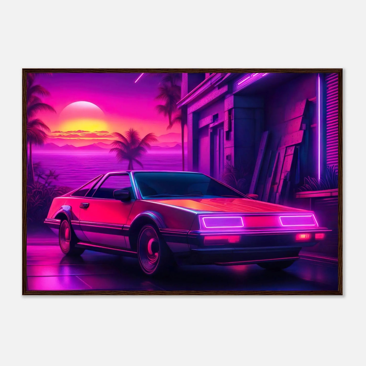 Gerahmtes Premium-Poster - Retro Auto - Neon Stil, KI-Kunst - RolConArt, Neon, 70x100-cm-28x40-Dunkler-Holzrahmen