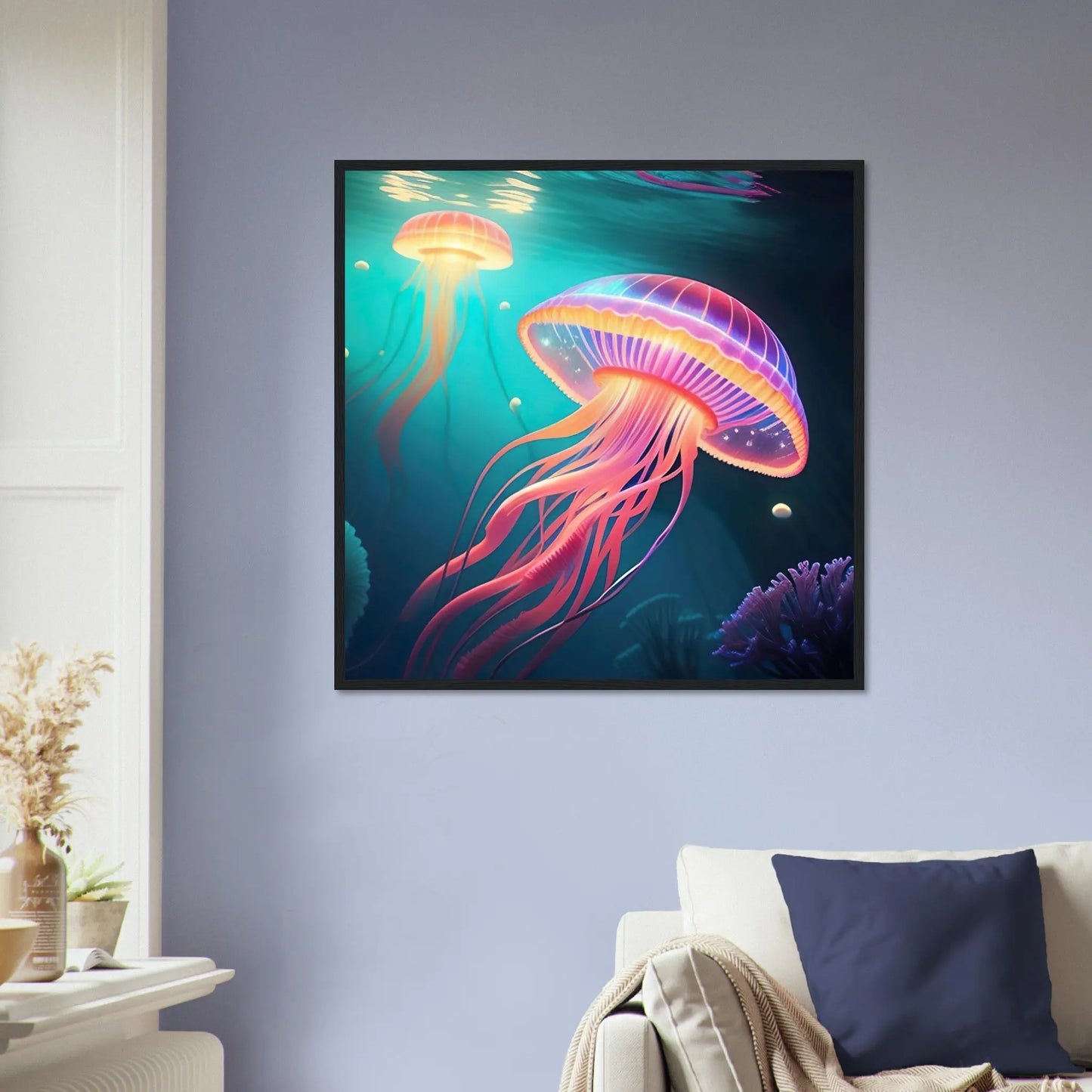 Gerahmtes Premium-Poster - Quallen - Digitaler Stil, KI-Kunst - RolConArt, Unterwasserlandschaften,