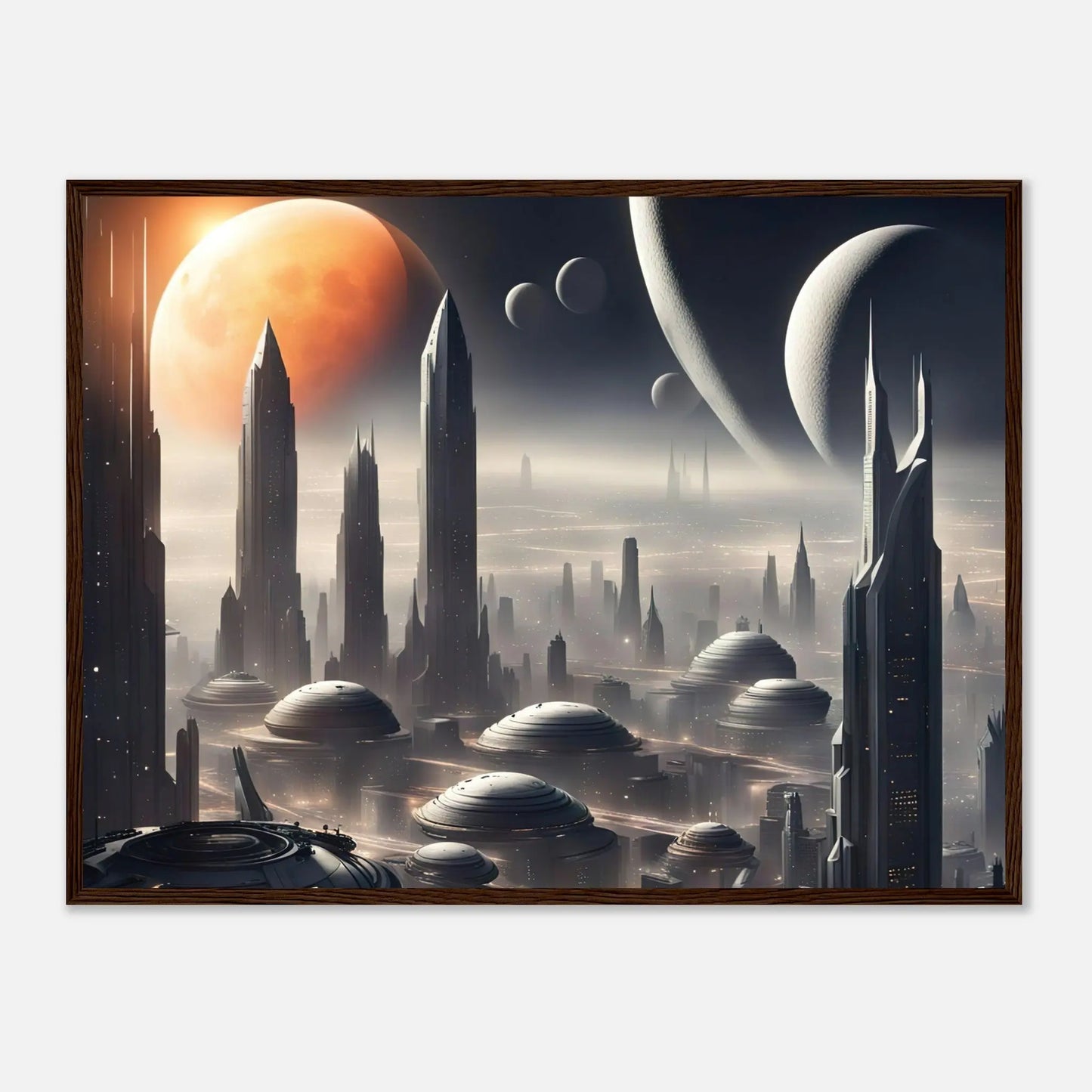 Gerahmtes Premium-Poster -Futuristische Welt- Digitaler Stil, KI-Kunst - RolConArt, Sci-Fi, 60x80-cm-24x32-Dunkler-Holzrahmen