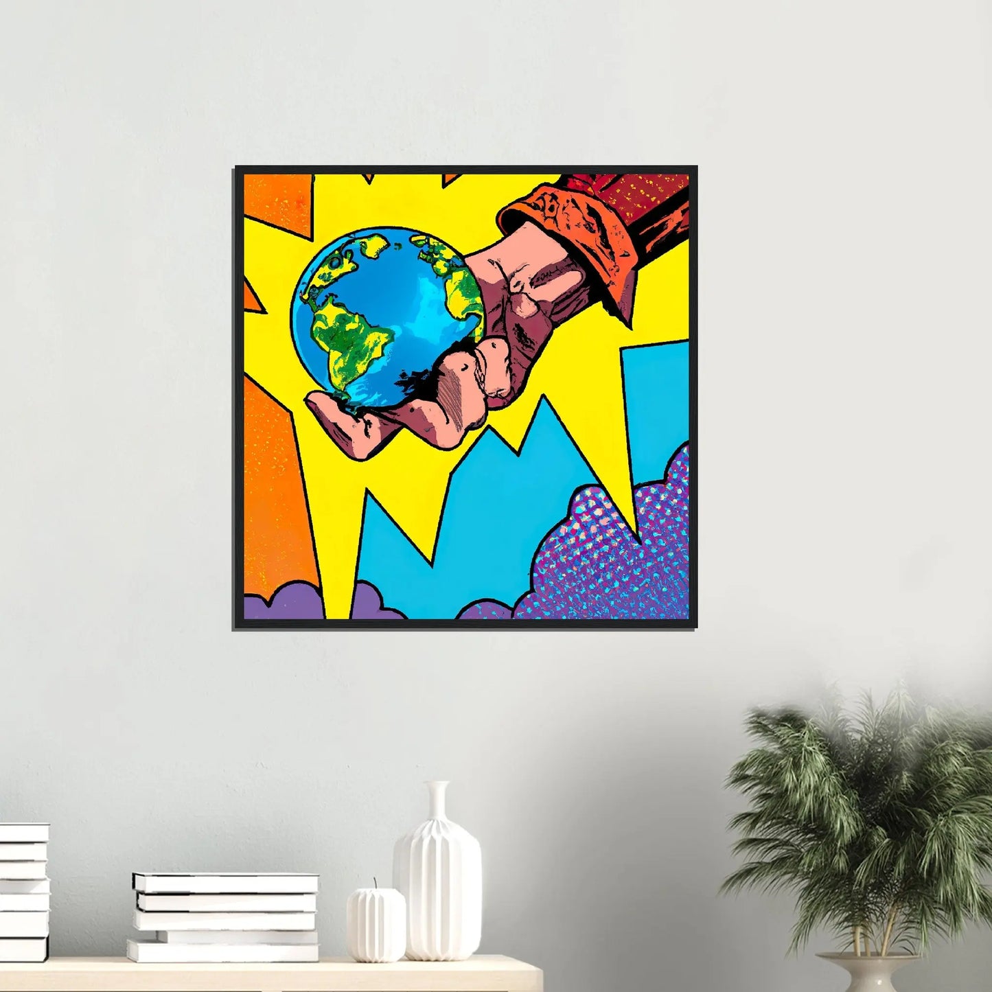 Gerahmtes Premium-Poster - Planet in der Hand - Cartoon Stil, KI-Kunst - RolConArt, Cartoon,