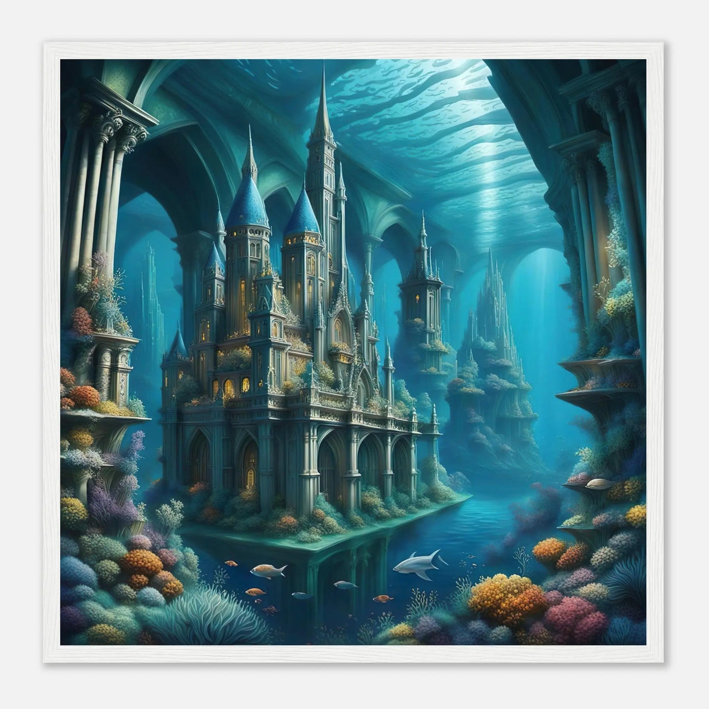 Gerahmtes Premium-Poster - Unterwasserwelt - Digitaler Stil, KI-Kunst - RolConArt, Unterwasserlandschaften, 50x50-cm-20x20-Weißer-Rahmen