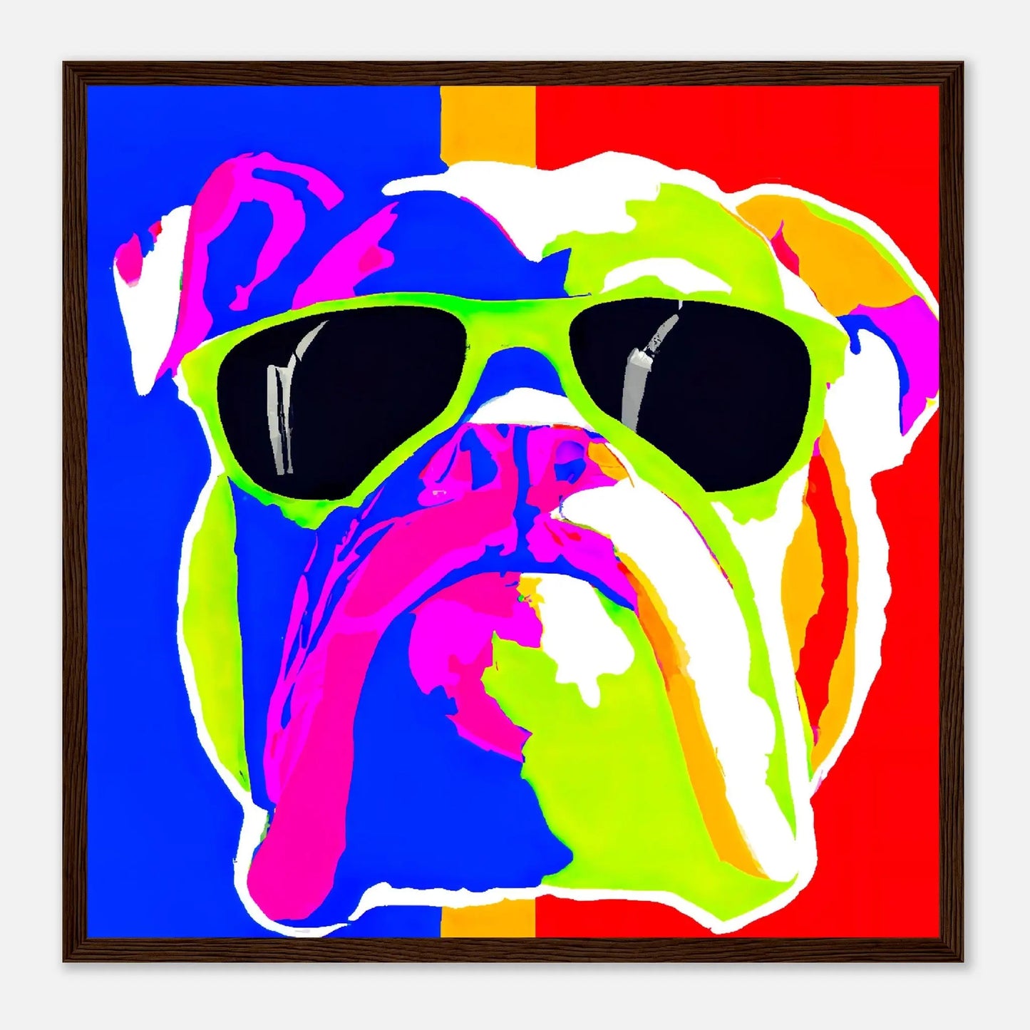 Gerahmtes Premium-Poster - Englische Bulldogge - Pop Art Stil, KI-Kunst - RolConArt, Pop Art - Tiere, 50x50-cm-20x20-Dunkles-Holz