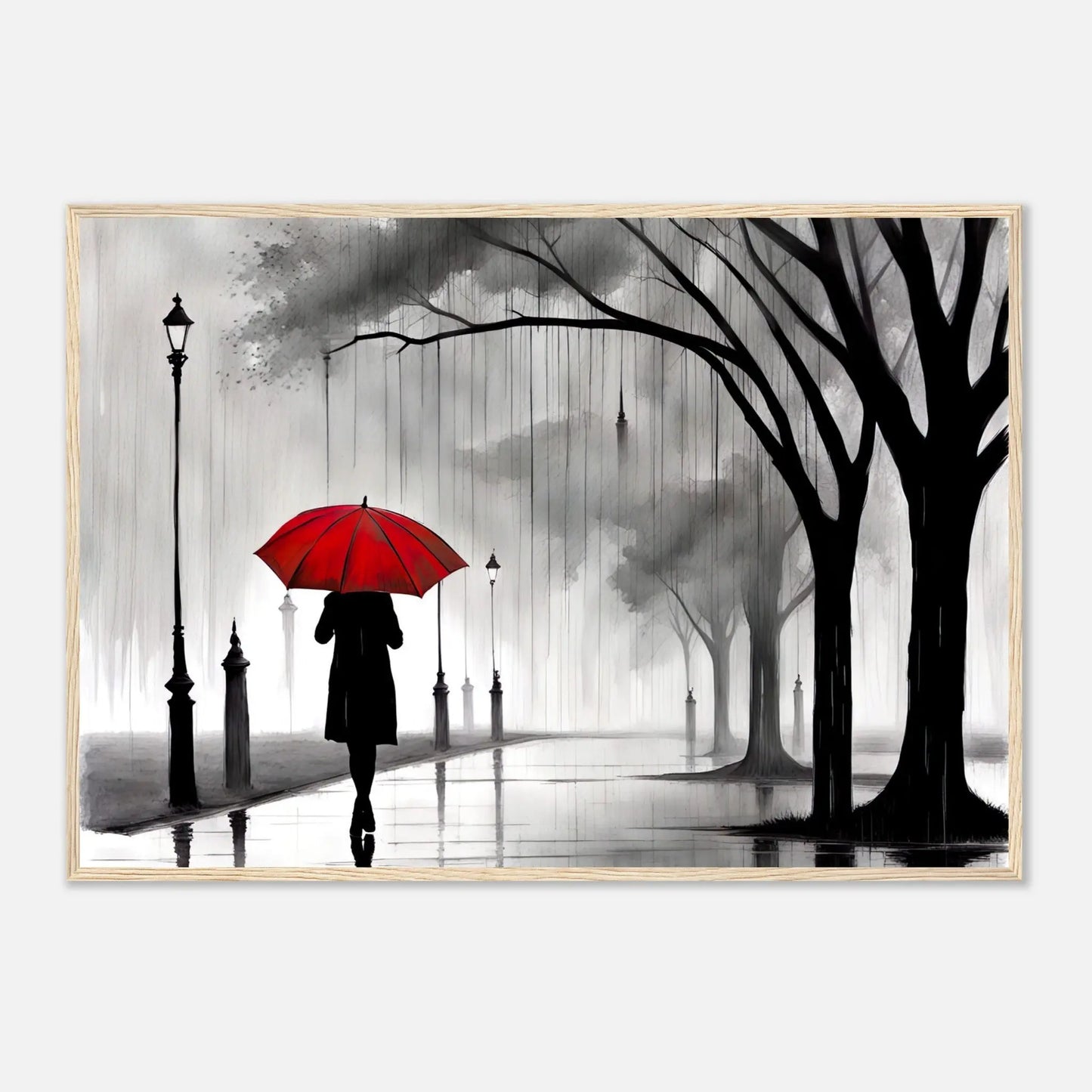 Gerahmtes Premium-Poster - Frau im Park - Schwarz-Weiß, KI-Kunst - RolConArt, Schwarz-Weiß mit Akzentfarben, 70x100-cm-28x40-Holzrahmen