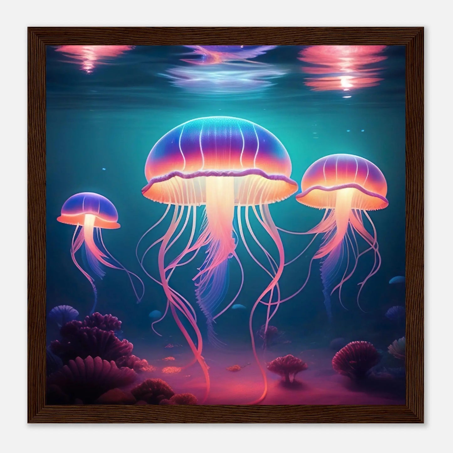 Gerahmtes Premium-Poster - Quallen - Digitaler Stil, KI-Kunst - RolConArt, Unterwasserlandschaften, 30x30-cm-12x12-Dunkler-Holzrahmen