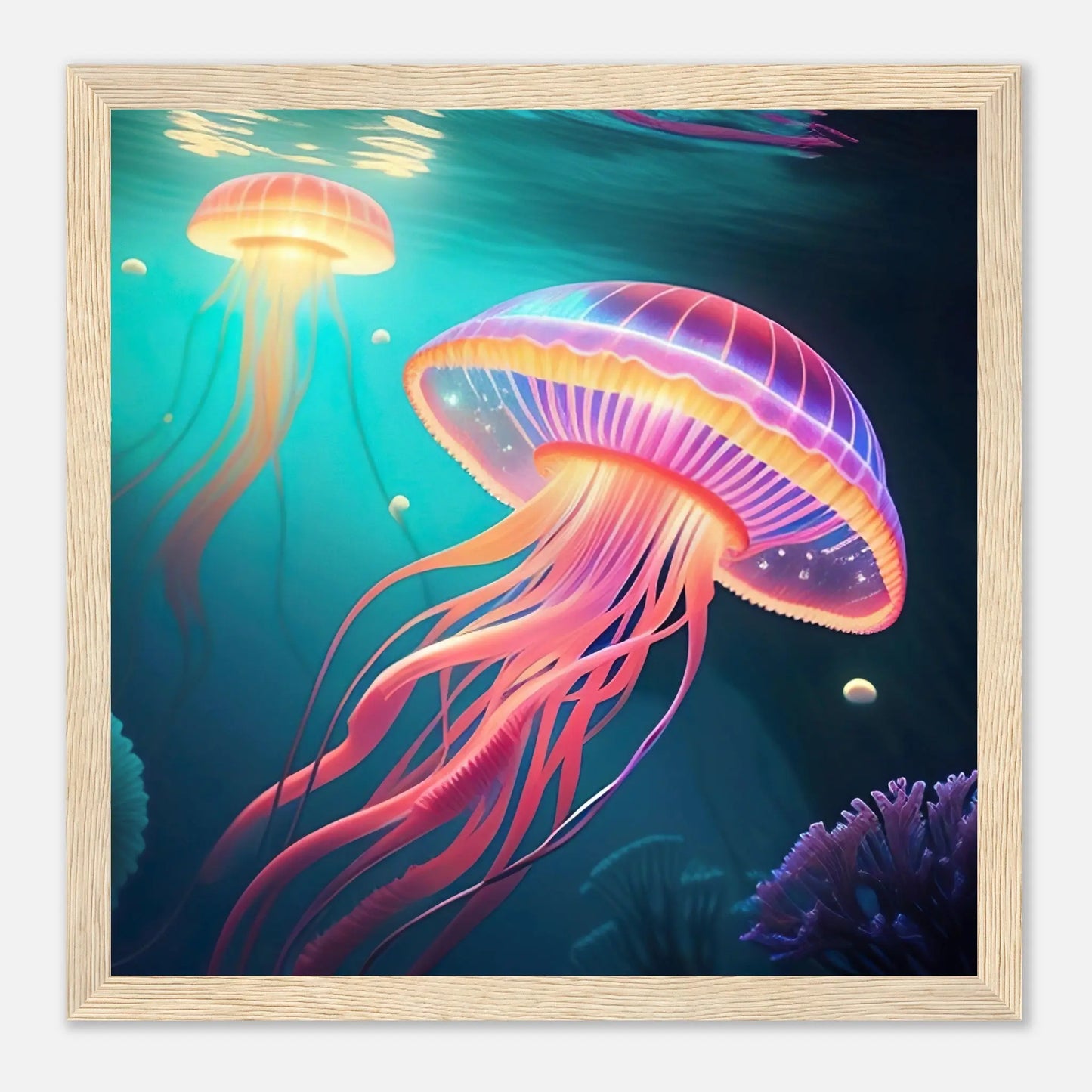 Gerahmtes Premium-Poster - Quallen - Digitaler Stil, KI-Kunst - RolConArt, Unterwasserlandschaften, 30x30-cm-12x12-Holzrahmen