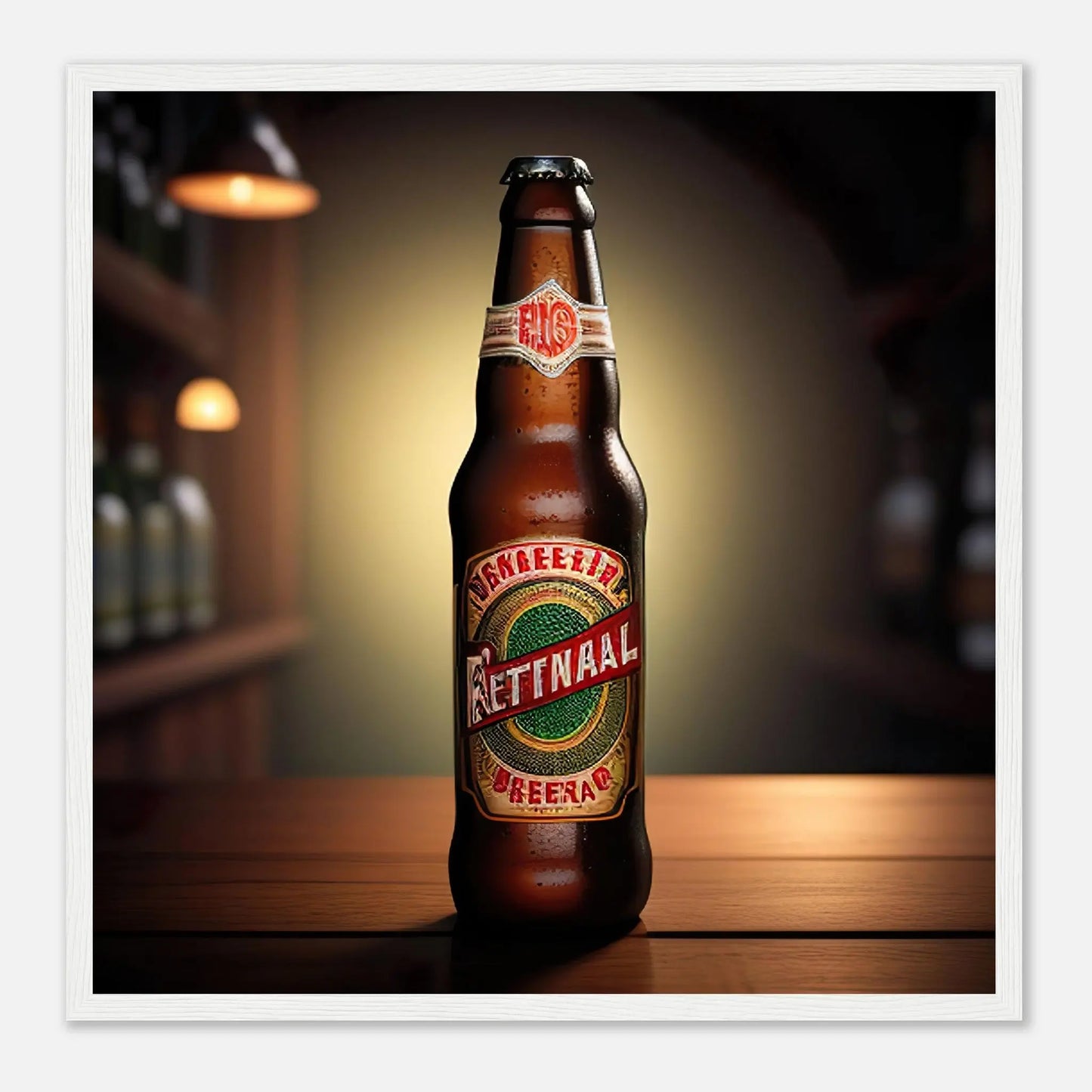 Gerahmtes Premium-Poster - Bierflasche - Foto Stil, KI-Kunst - RolConArt, Kreative Vielfalt, 50x50-cm-20x20-Weißer-Rahmen