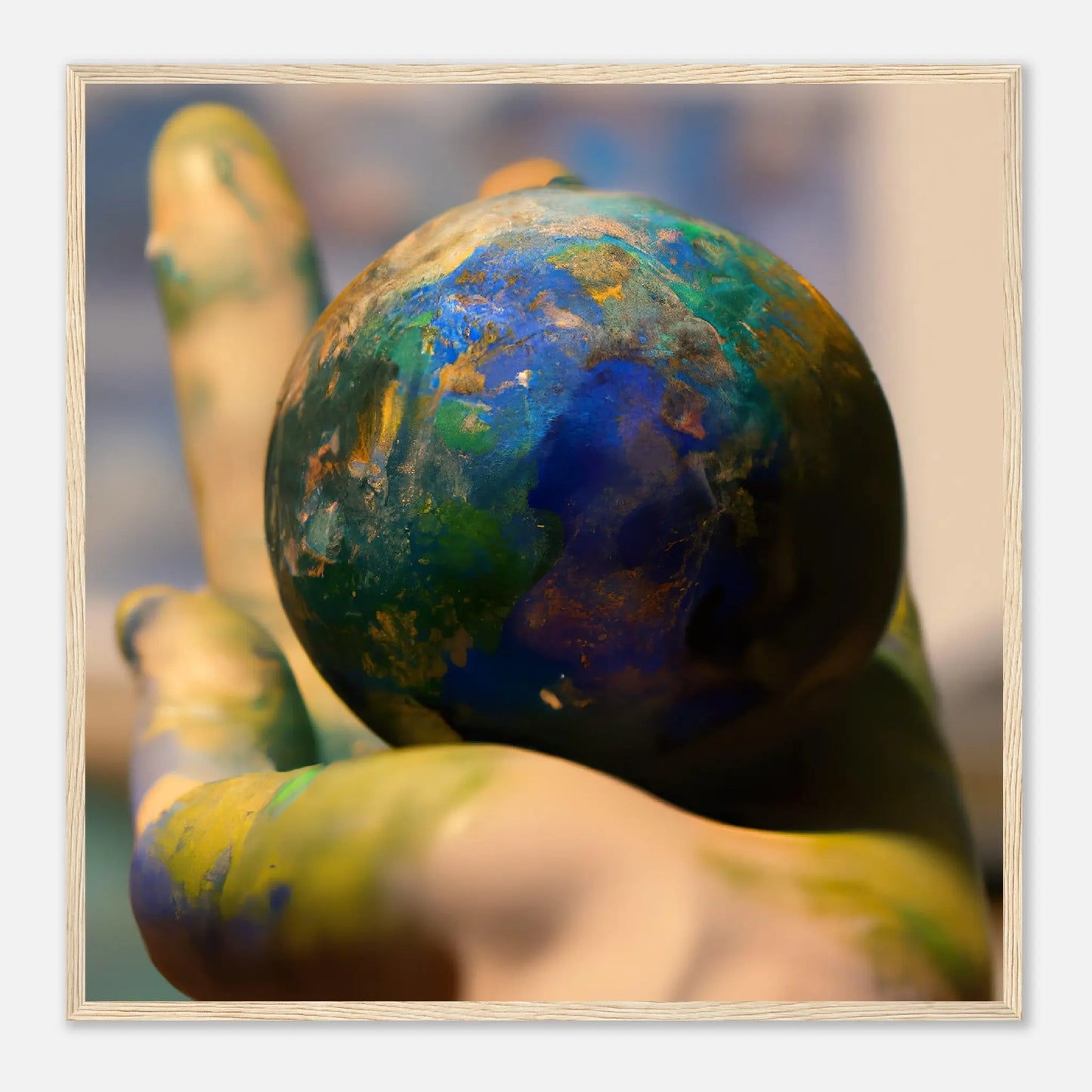 Gerahmtes Premium-Poster - Planet in der Hand - Foto Stil, KI-Kunst - RolConArt, Fotokunst - Kreative Vielfalt, 70x70-cm-28x28-Holz