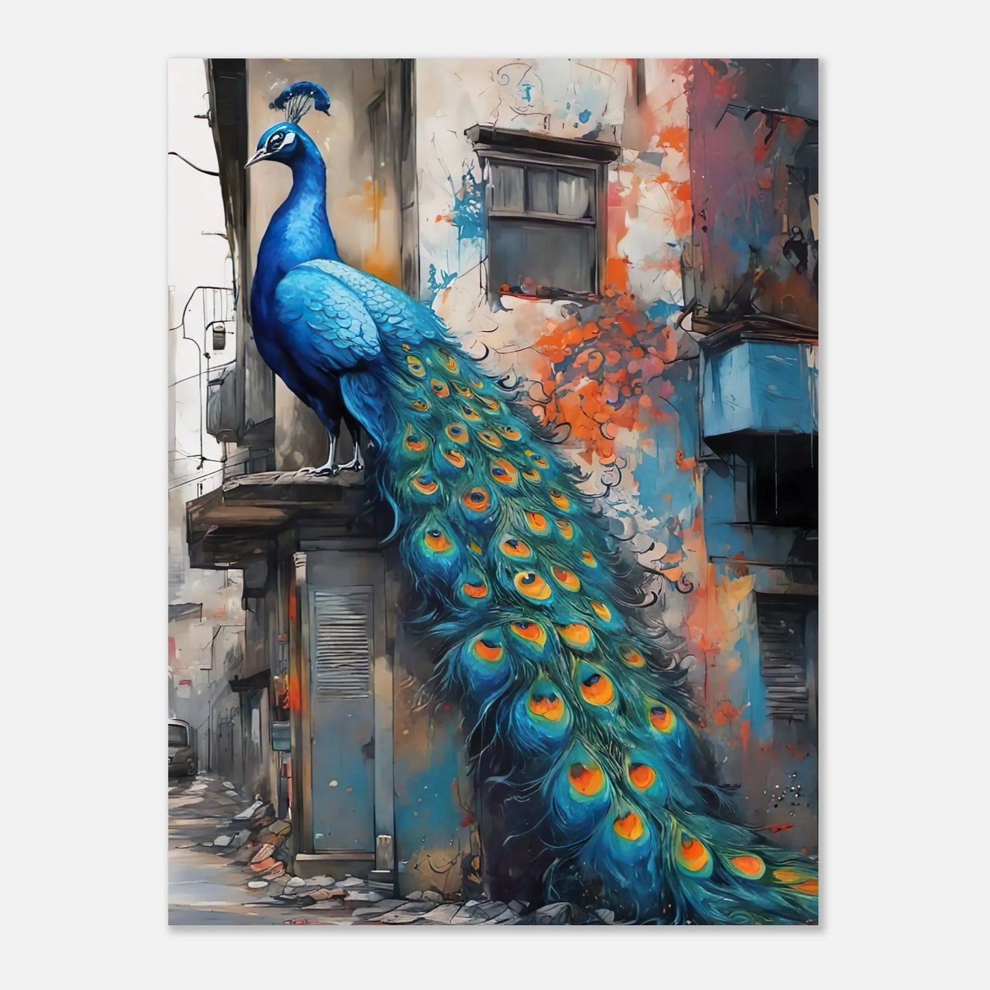 Aluminiumdruck - Blauer Pfau - Splash Art Stil, KI-Kunst RolConArt