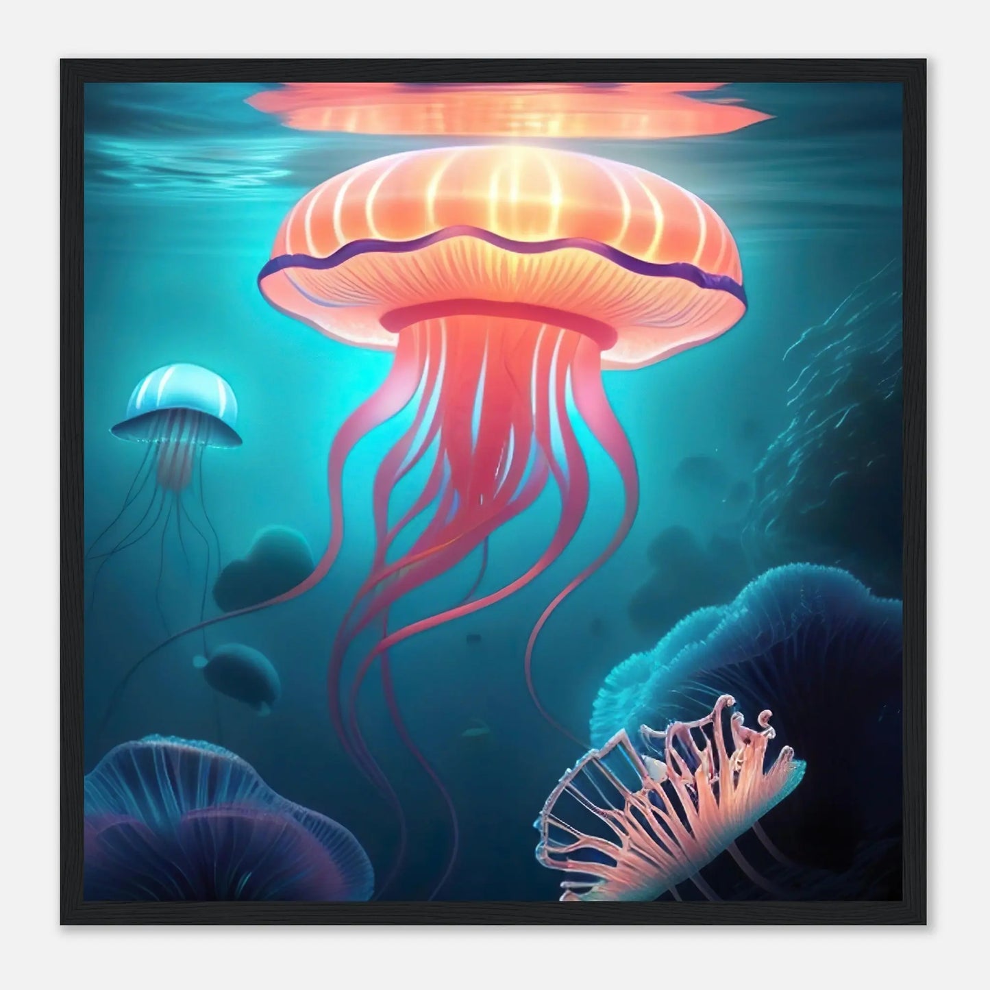 Gerahmtes Premium-Poster - Quallen - Digitaler Stil, KI-Kunst - RolConArt, Unterwasserlandschaften, 50x50-cm-20x20-Schwarzer-Rahmen