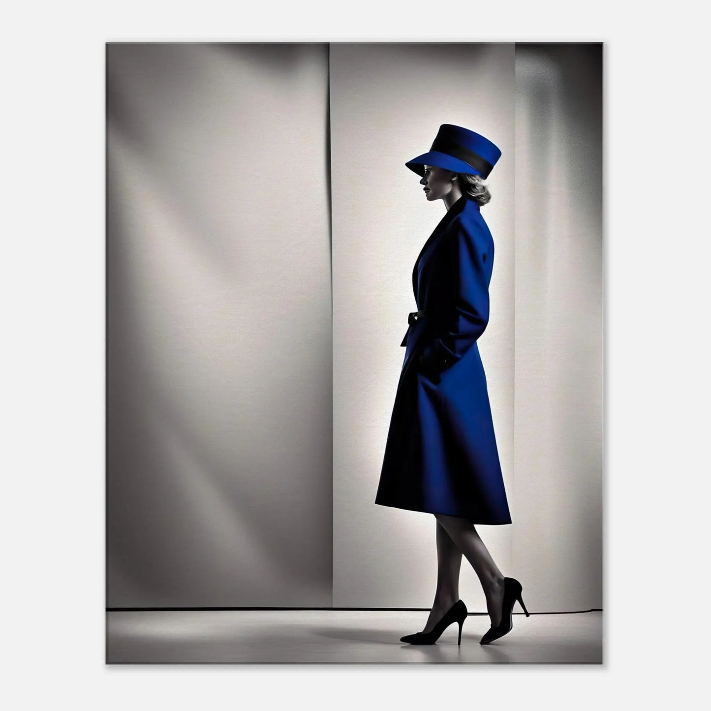 Leinwandbild - Frau im blauen Mantel - Schwarz-Weiß Stil, KI-Kunst - RolConArt, Schwarz-Weiß mit Akzentfarben, 60x75-cm-24x30