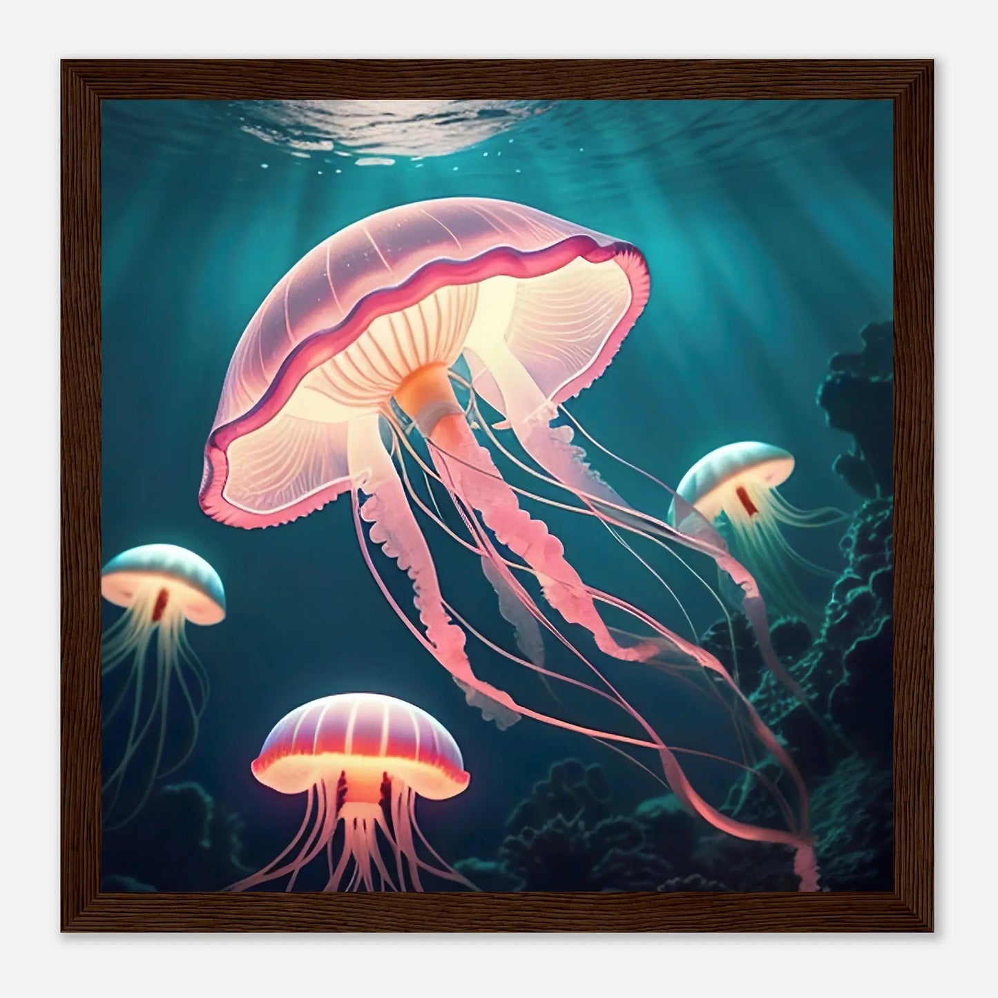 Gerahmtes Premium-Poster - Quallen - Digitaler Stil, KI-Kunst - RolConArt, Unterwasserlandschaften, 30x30-cm-12x12-Dunkler-Holzrahmen